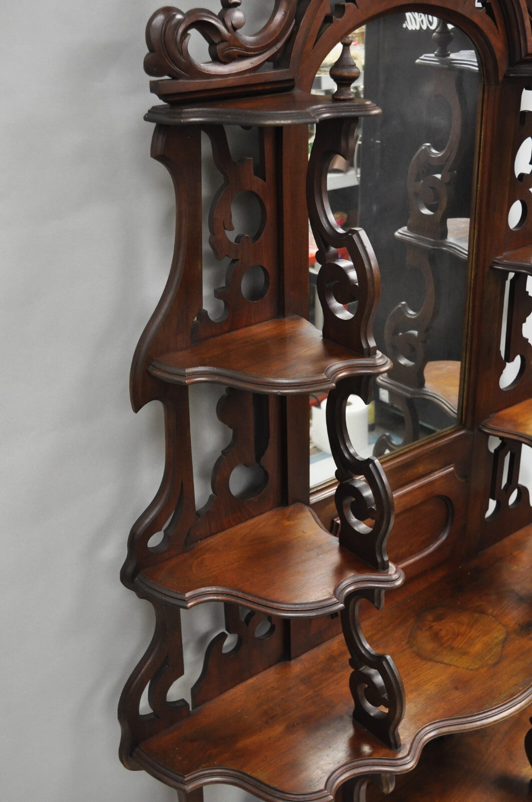Antique Victorian Rococo Grapevine Carved Walnut Etagere Curio Shelf w/ Mirror