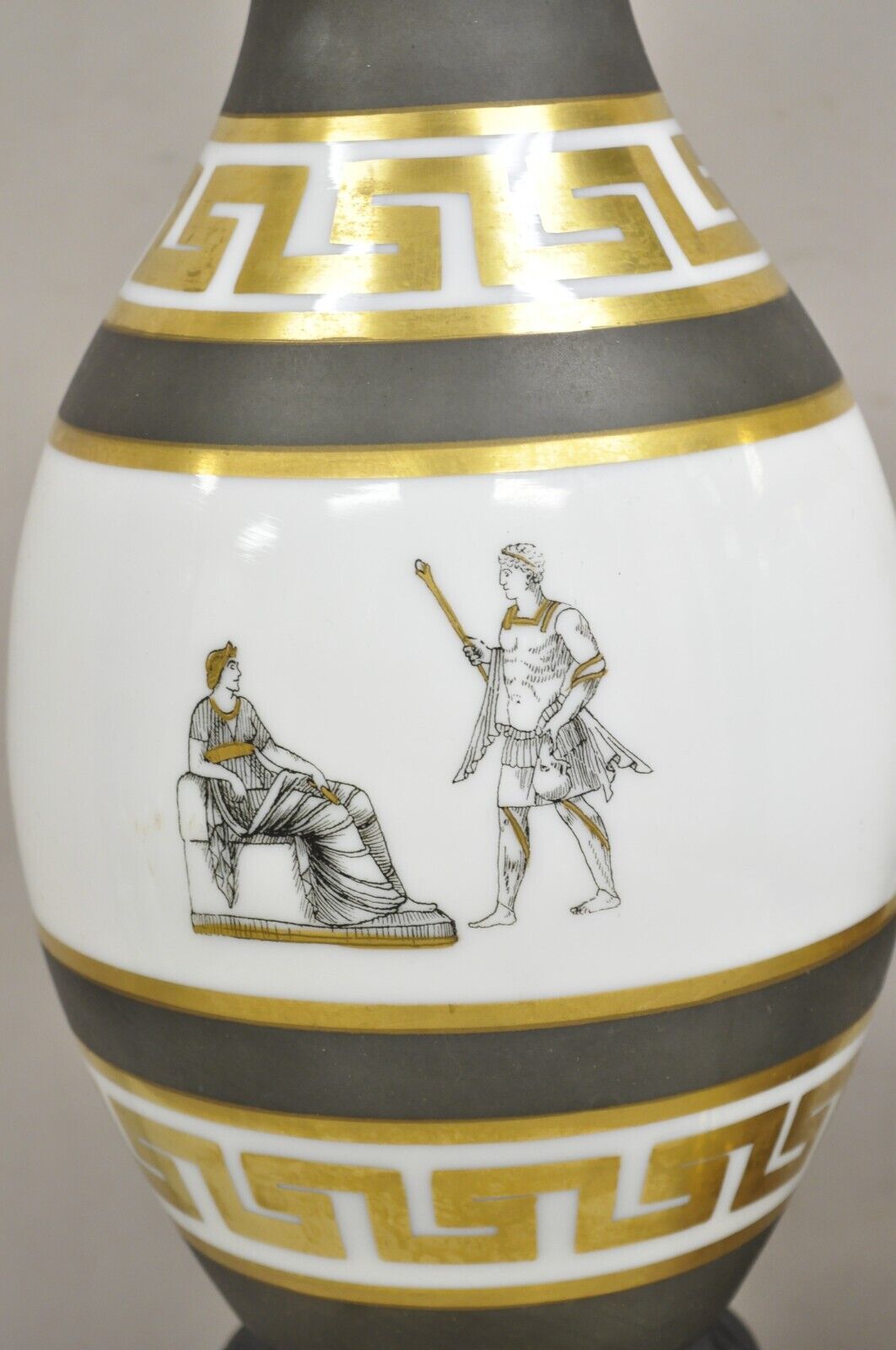 Vintage Italian Classical Chariot Gold Greek Key Gray Porcelain Table Lamp Pair