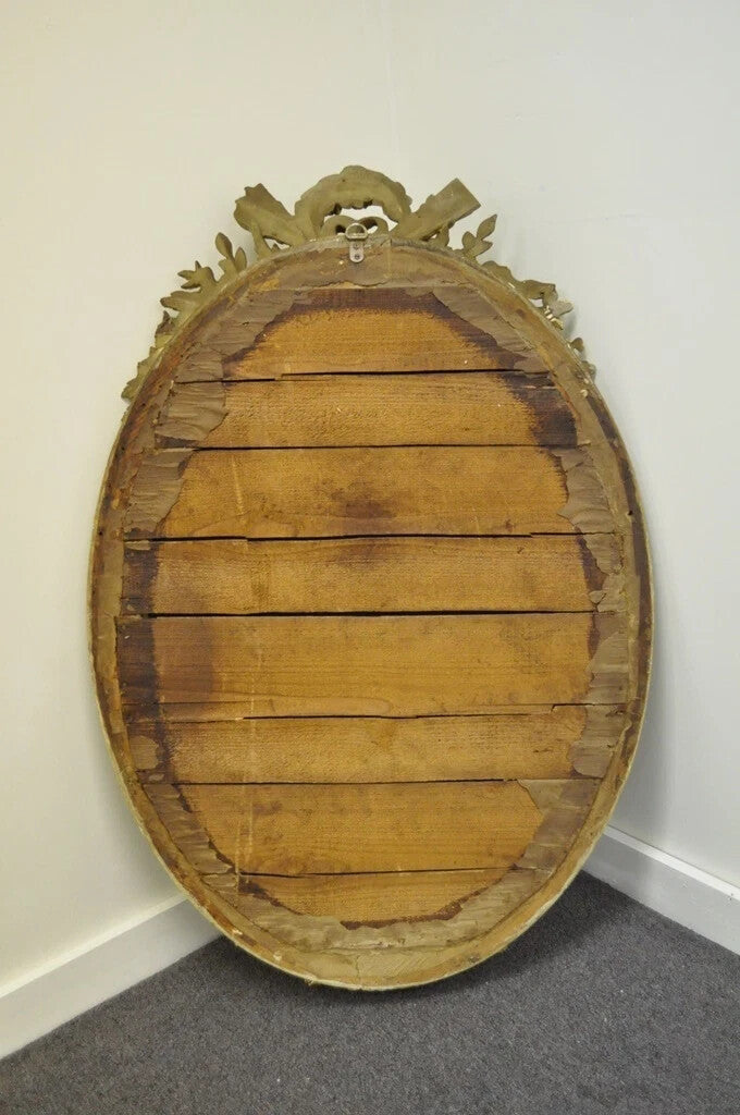 Antique French Louis XVI Style Gold Gilt Torch Flame Gesso Oval Wall Mirror