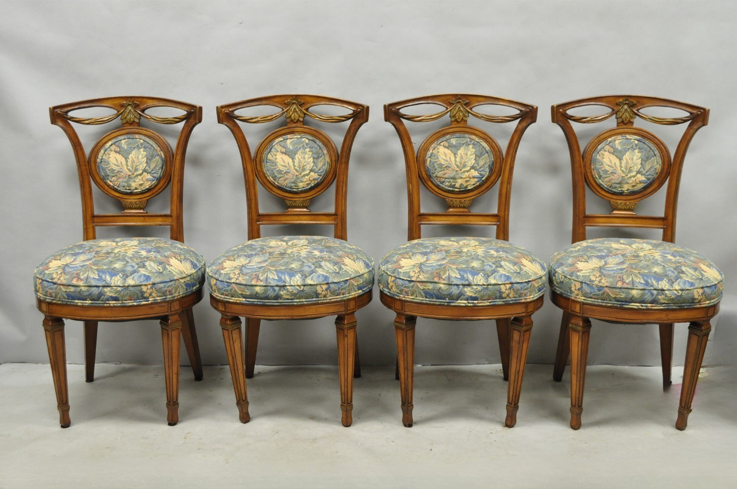 Vintage French Regency Style Carved Walnut Drape Back Dining Side Chair Set of 4
