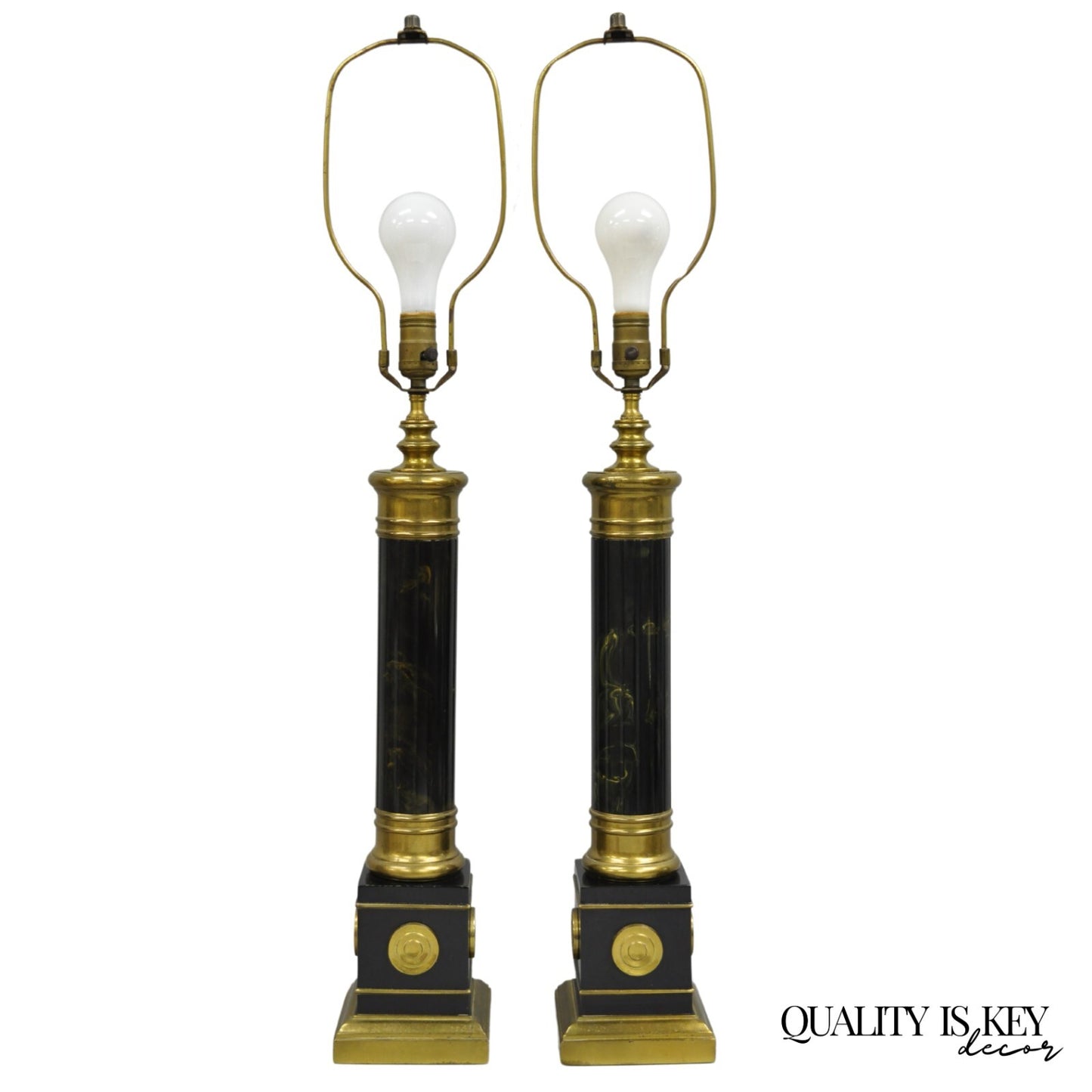 Vintage French Empire Brass Metal "Smoky" Celluloid Column Table Lamps - a Pair