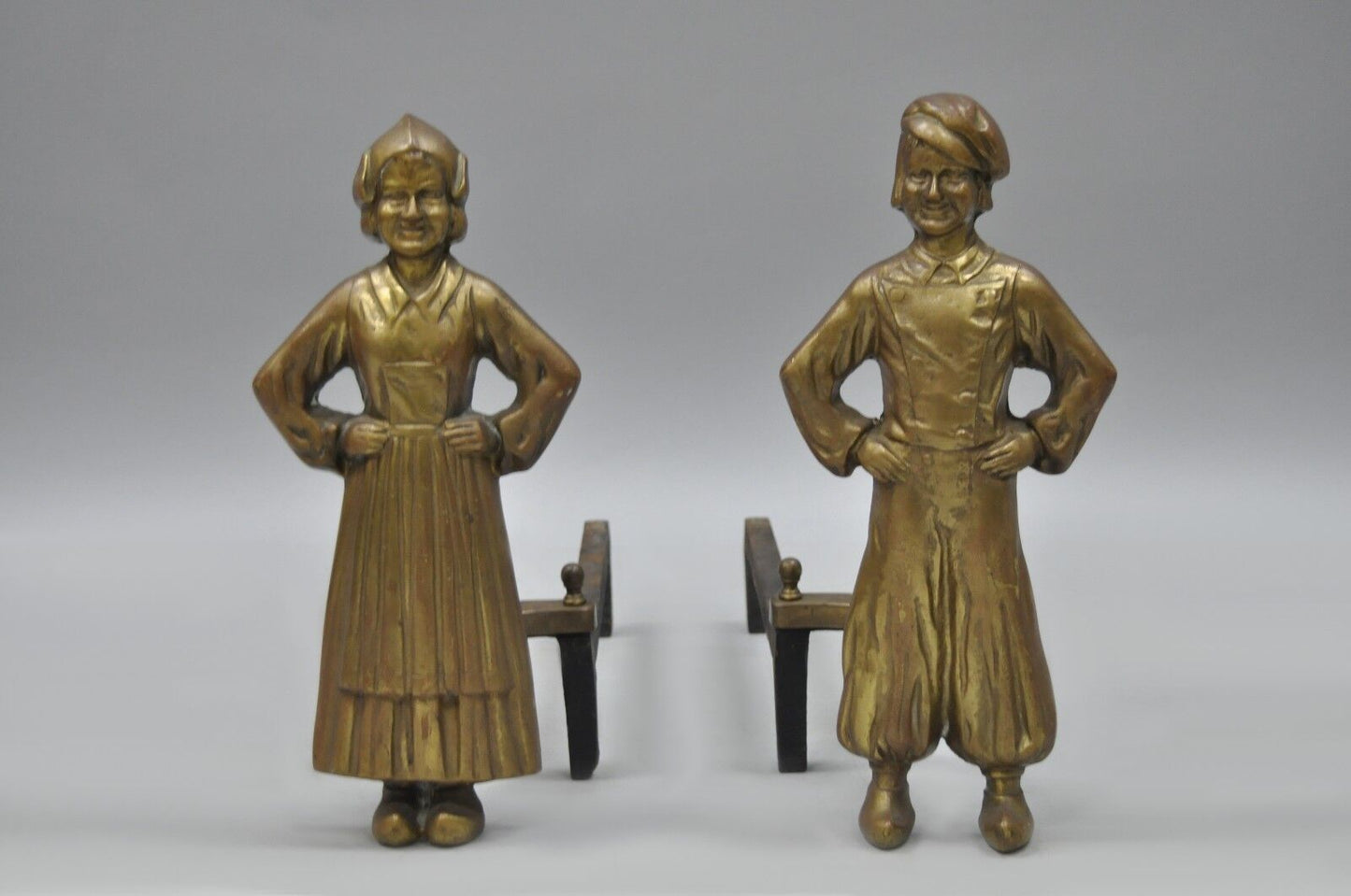 Antique Sheffield Dutch Boy and Girl Bronze & Cast Iron Fireplace Andiron - Pair