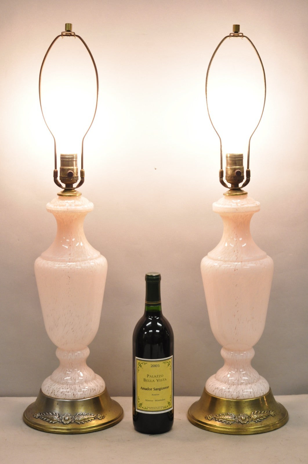 Vintage Mid Century Modern Italian Murano Glass Speckled Pink Table Lamps a Pair