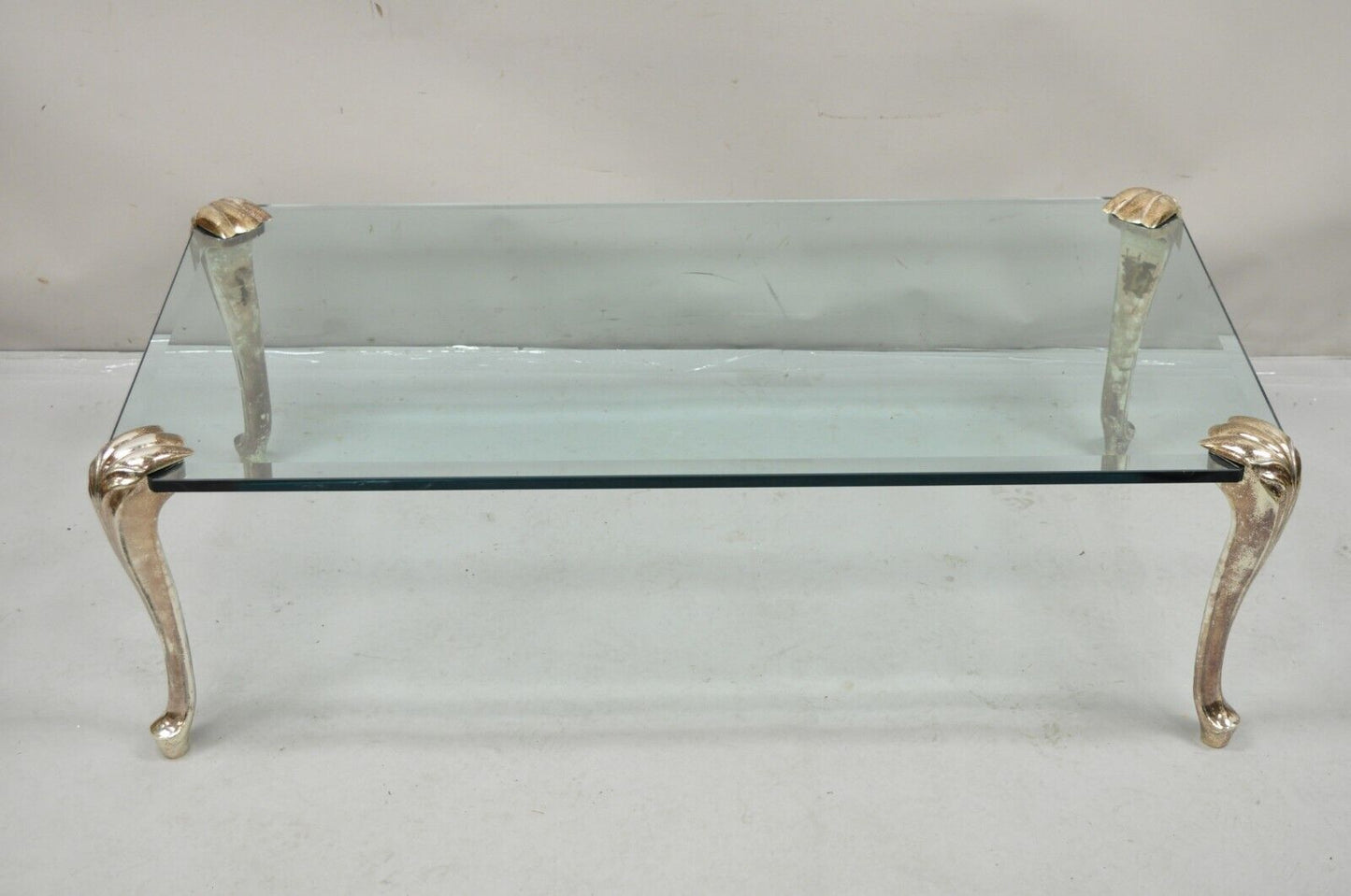 Vintage French Hollywood Regency Beveled Glass Bronze Cabriole Leg Coffee Table
