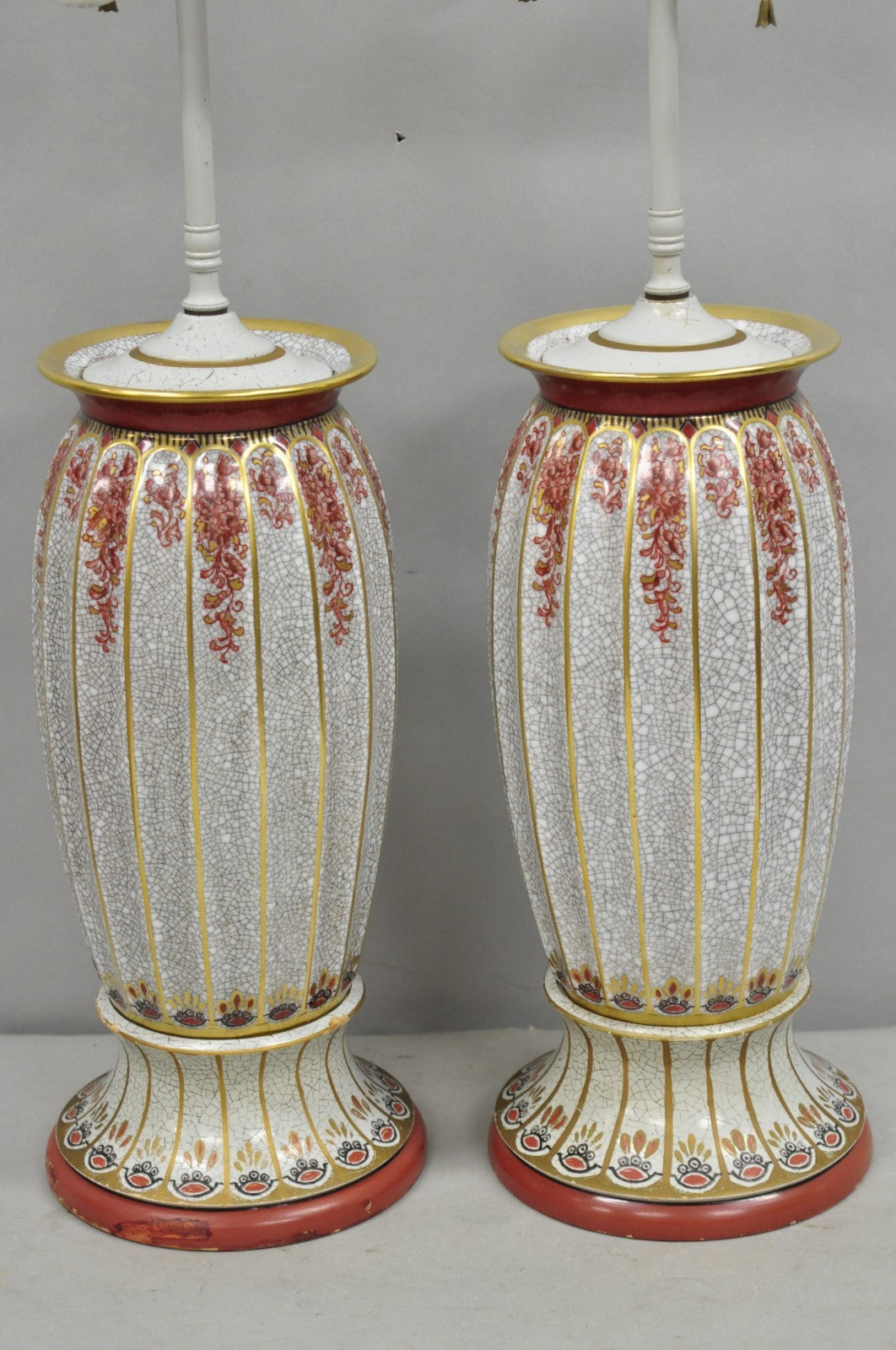 Victorian Red White Floral Painted French Porcelain Jardinière Table Lamps, Pair