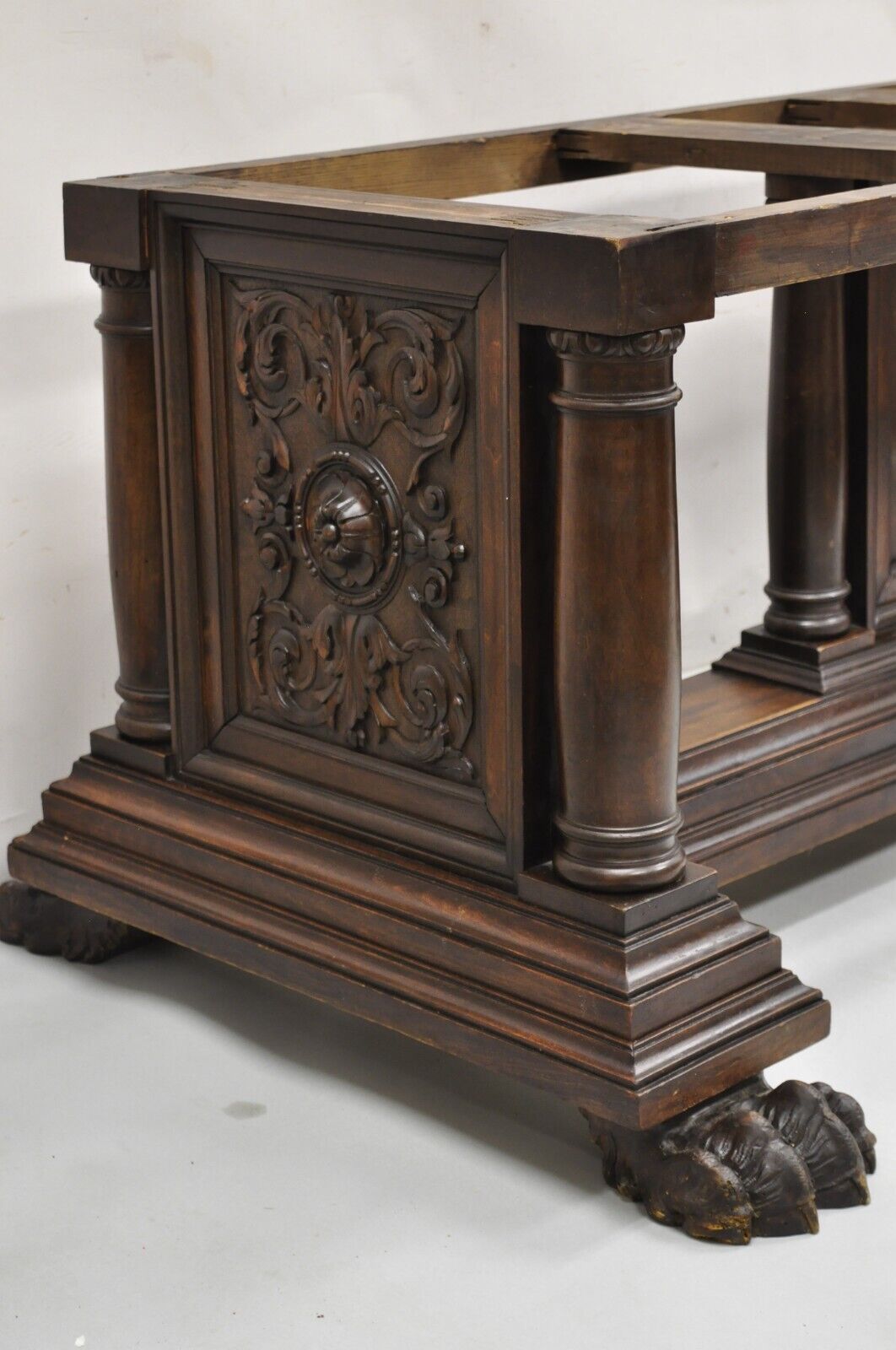 Antique Italian Renaissance Carved Walnut Hairy Paw Foot Desk Console Table Base