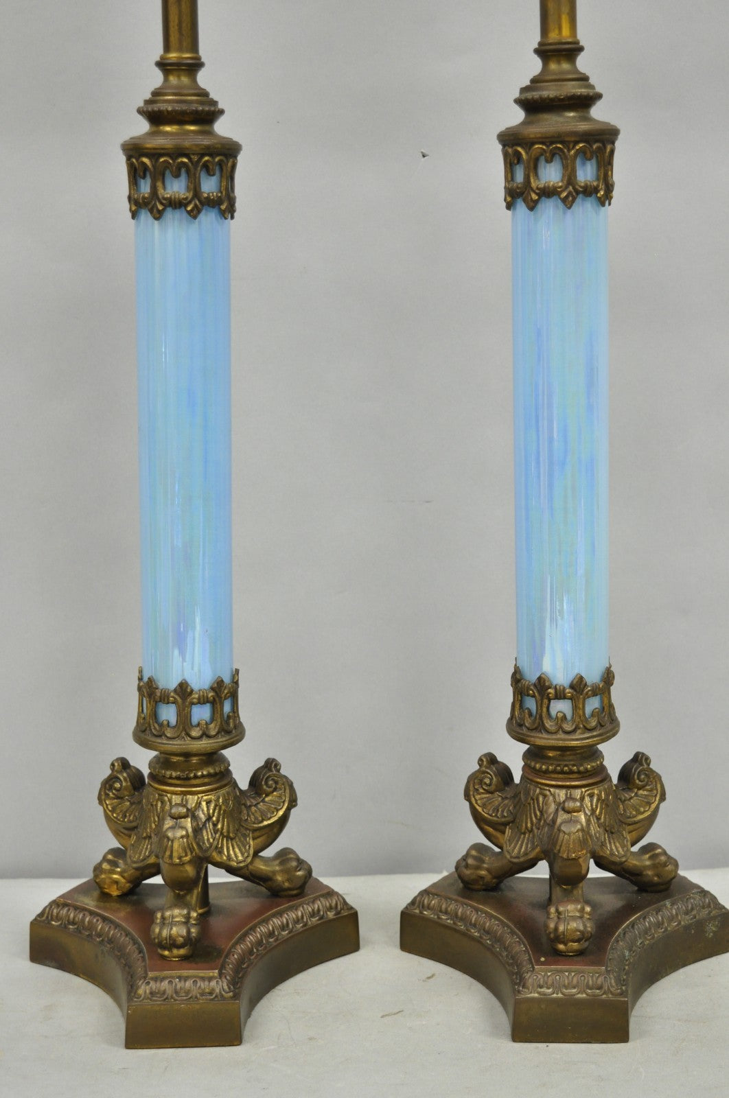Vintage Italian Neoclassical Empire Iridescent Blue Glass Column Table Lamp Pair