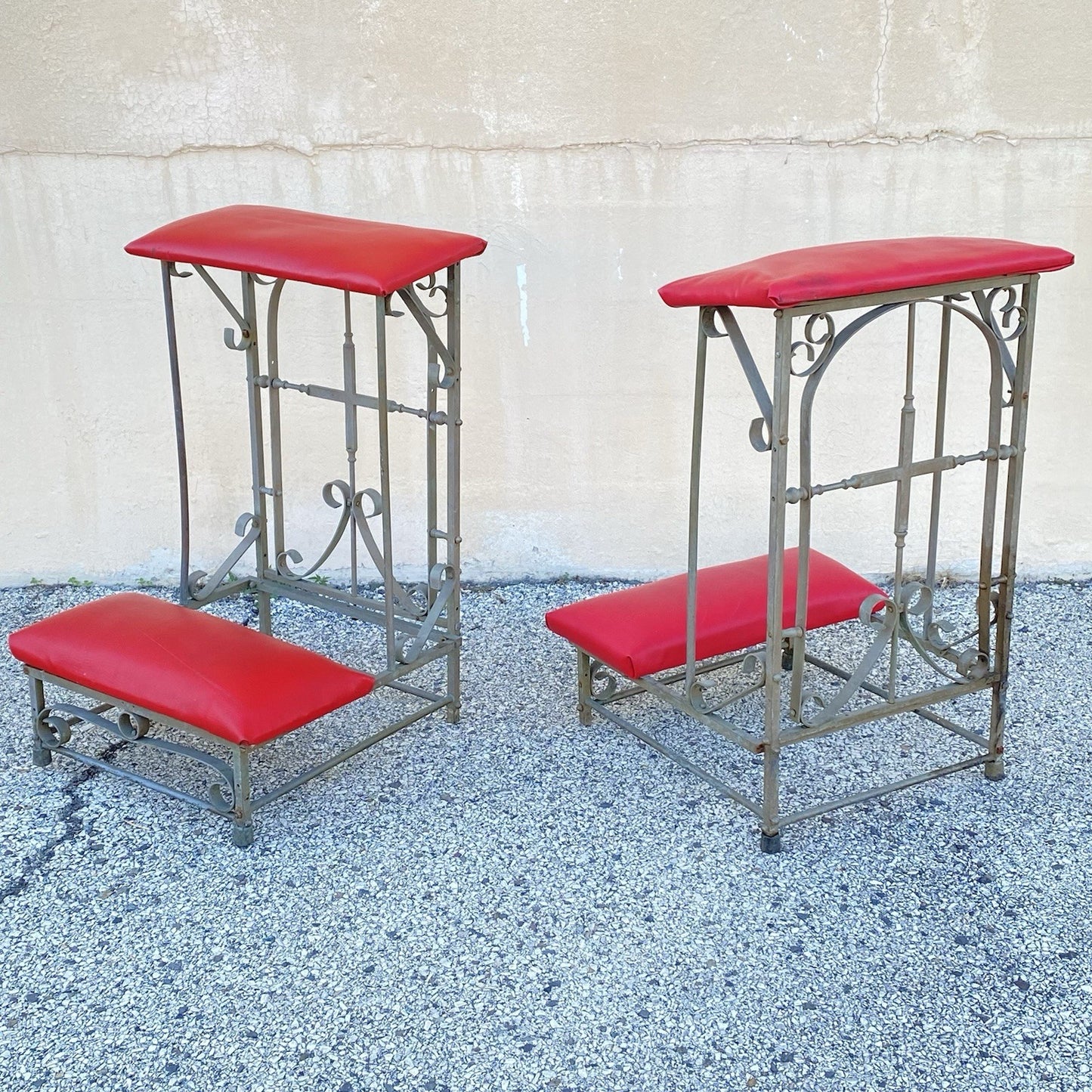 Antique Spanish Gothic Wrought Iron Kneeler Prie Dieu Prayer Benches - a Pair