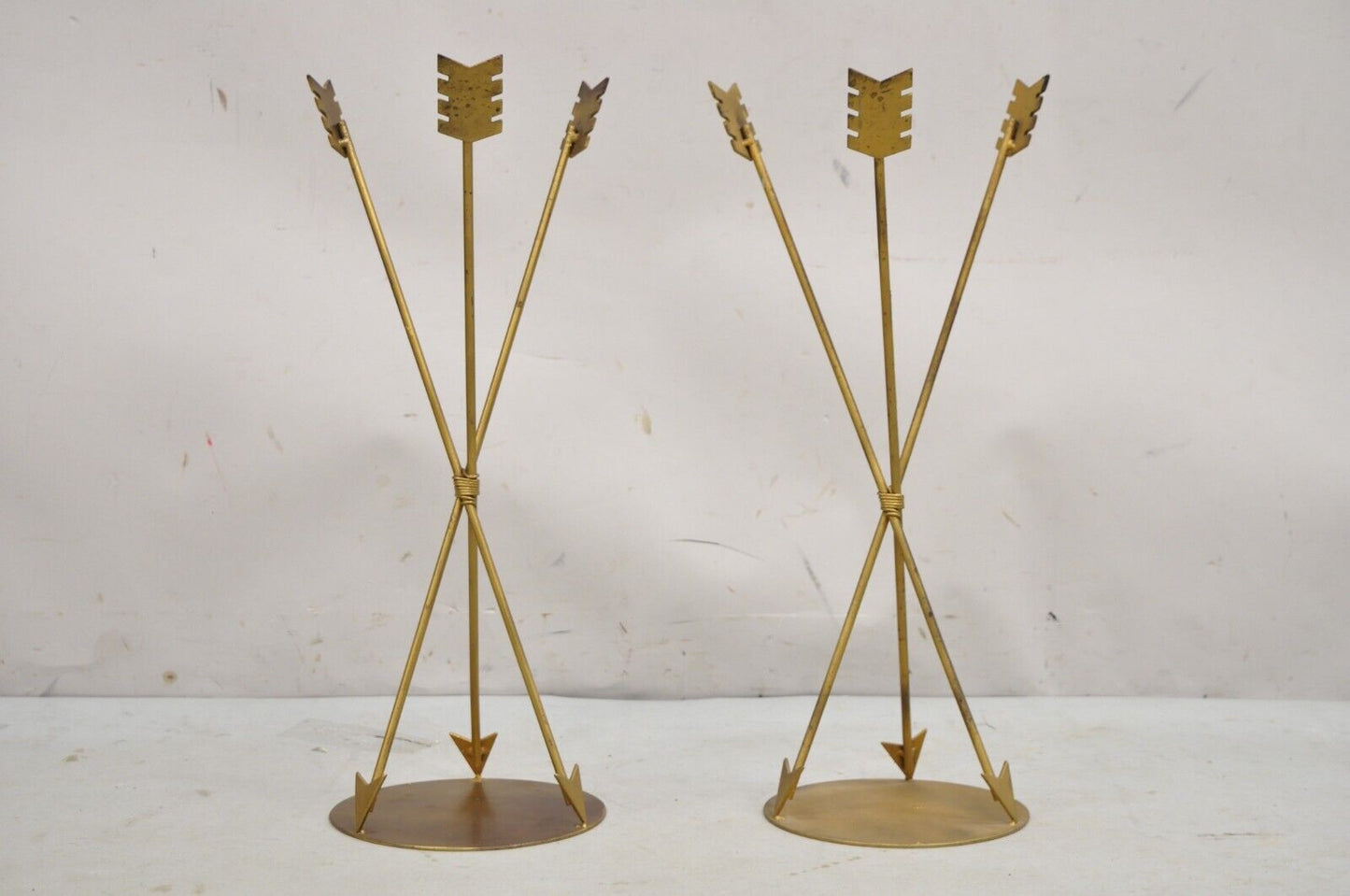 Contemporary Modern Directoire Regency Style Gold Metal Arrow Side Table - Pair