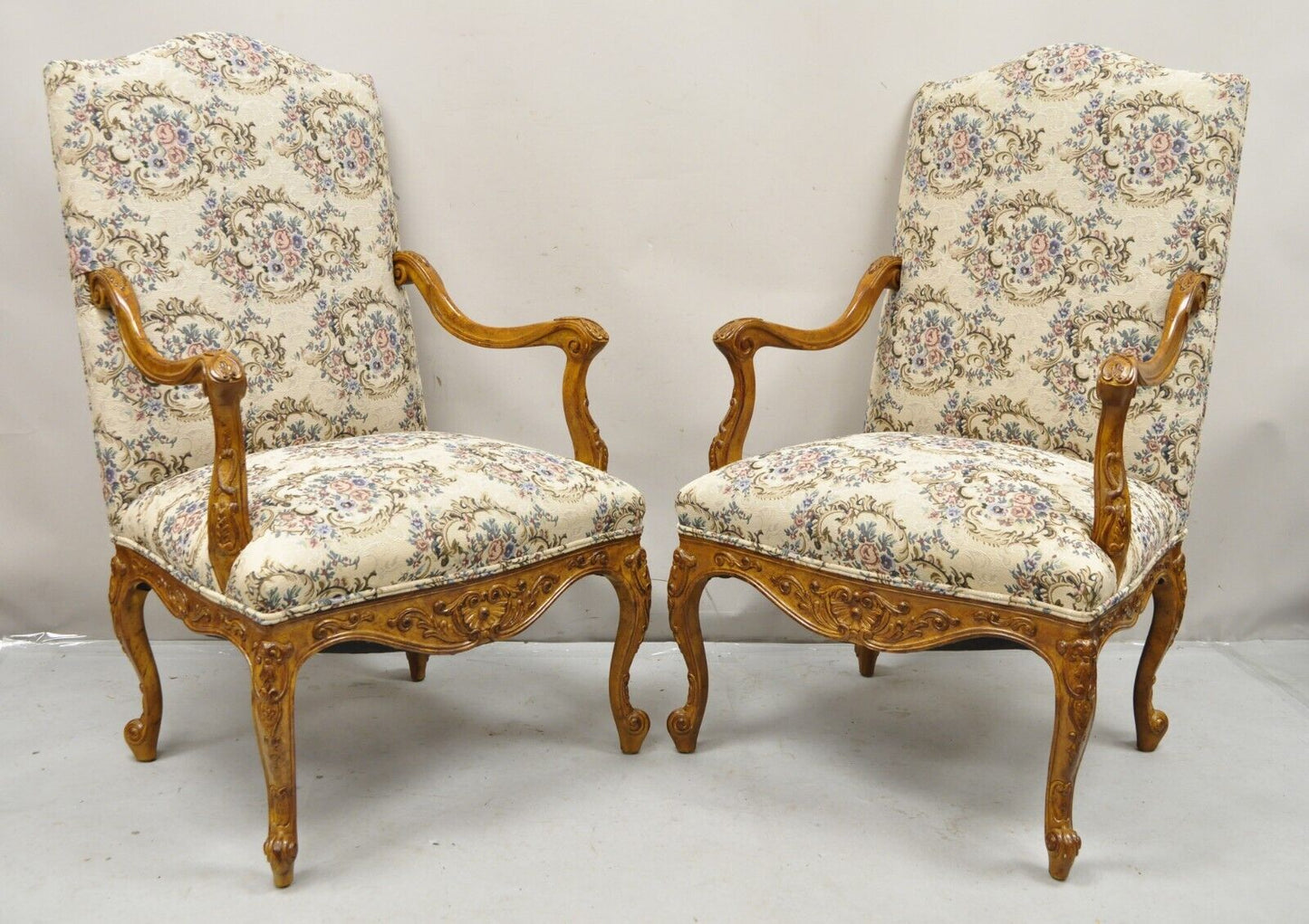 Pair French Country Style Carved Walnut Floral Upholstered High Back Arm Chairs