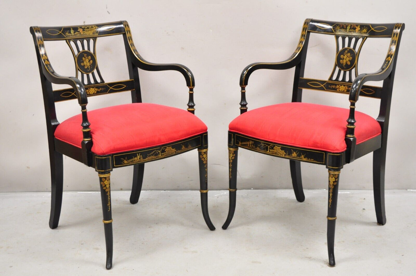 Union National Chinoiserie English Regency Black Painted Dining Chair - Set of 6