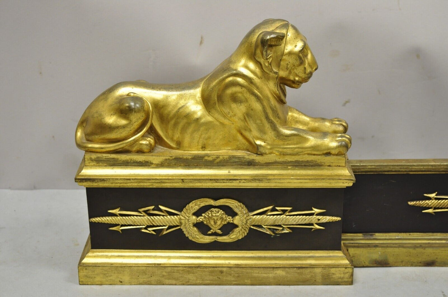 French Empire Neoclassical Bronze Lion Andirons Chenets with Fender - 3 pc set