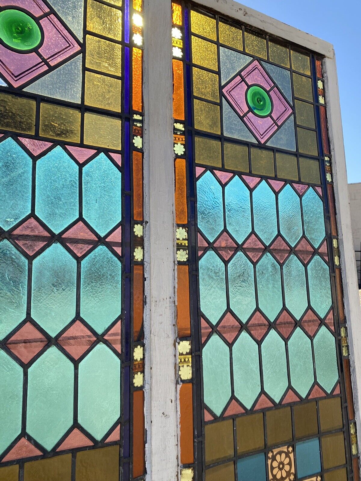 Antique Victorian 70 x 48 Double Stained Glass Window Pink Blue Green Jeweled
