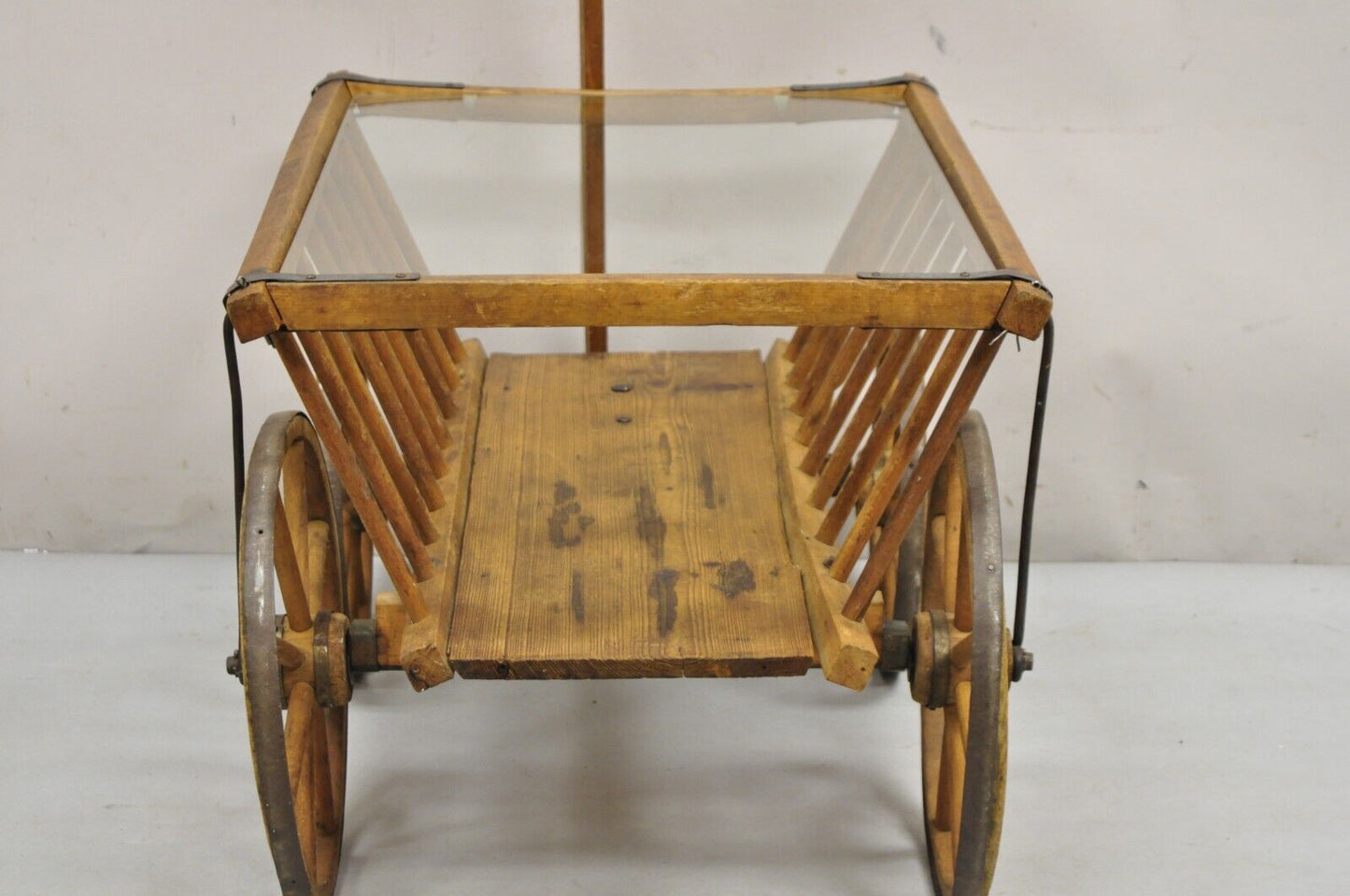 Antique French Primitive Wooden Goat Cart Wagon Farmhouse Glass Top Coffee Table