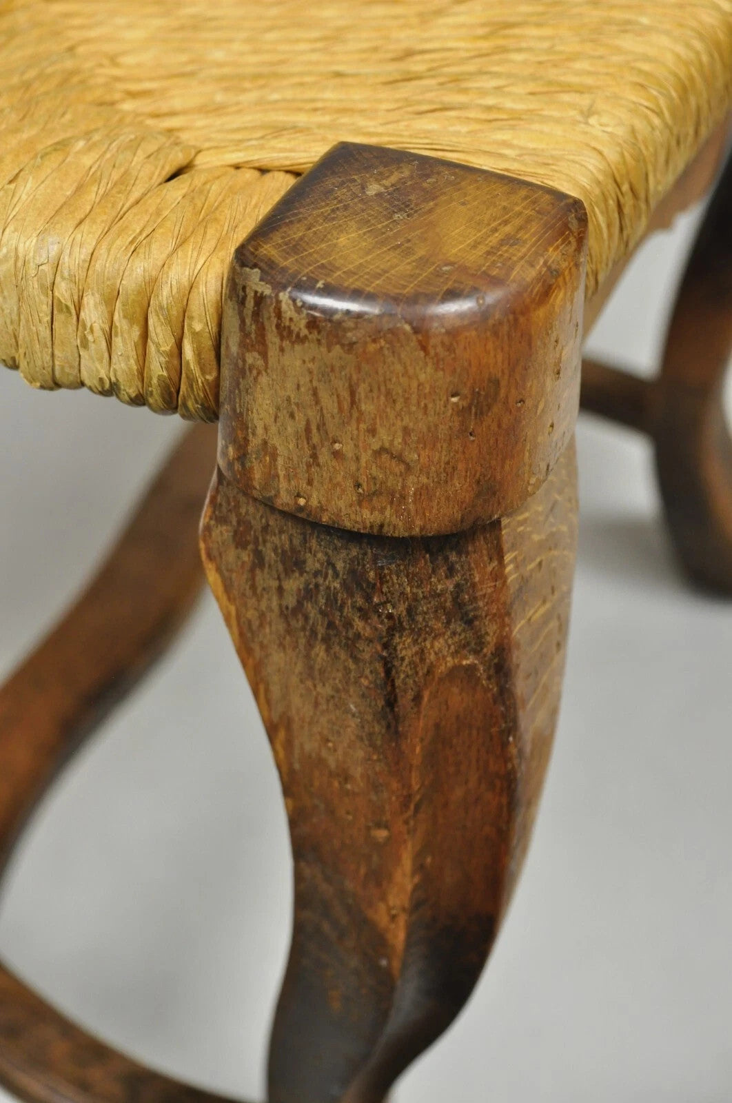 Vintage French Country Distressed Wood Ladder Back Rush Seat Side Chair