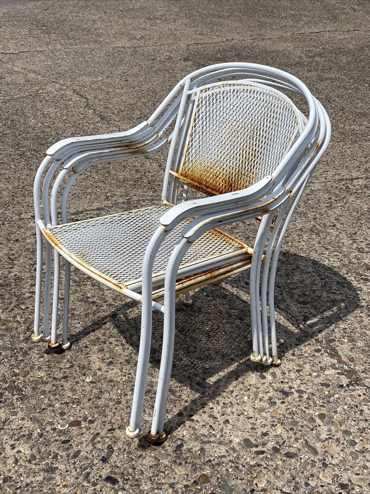 Modern Wrought Iron Sculptural White Outdoor Patio Stacking Arm Chairs - Set 4