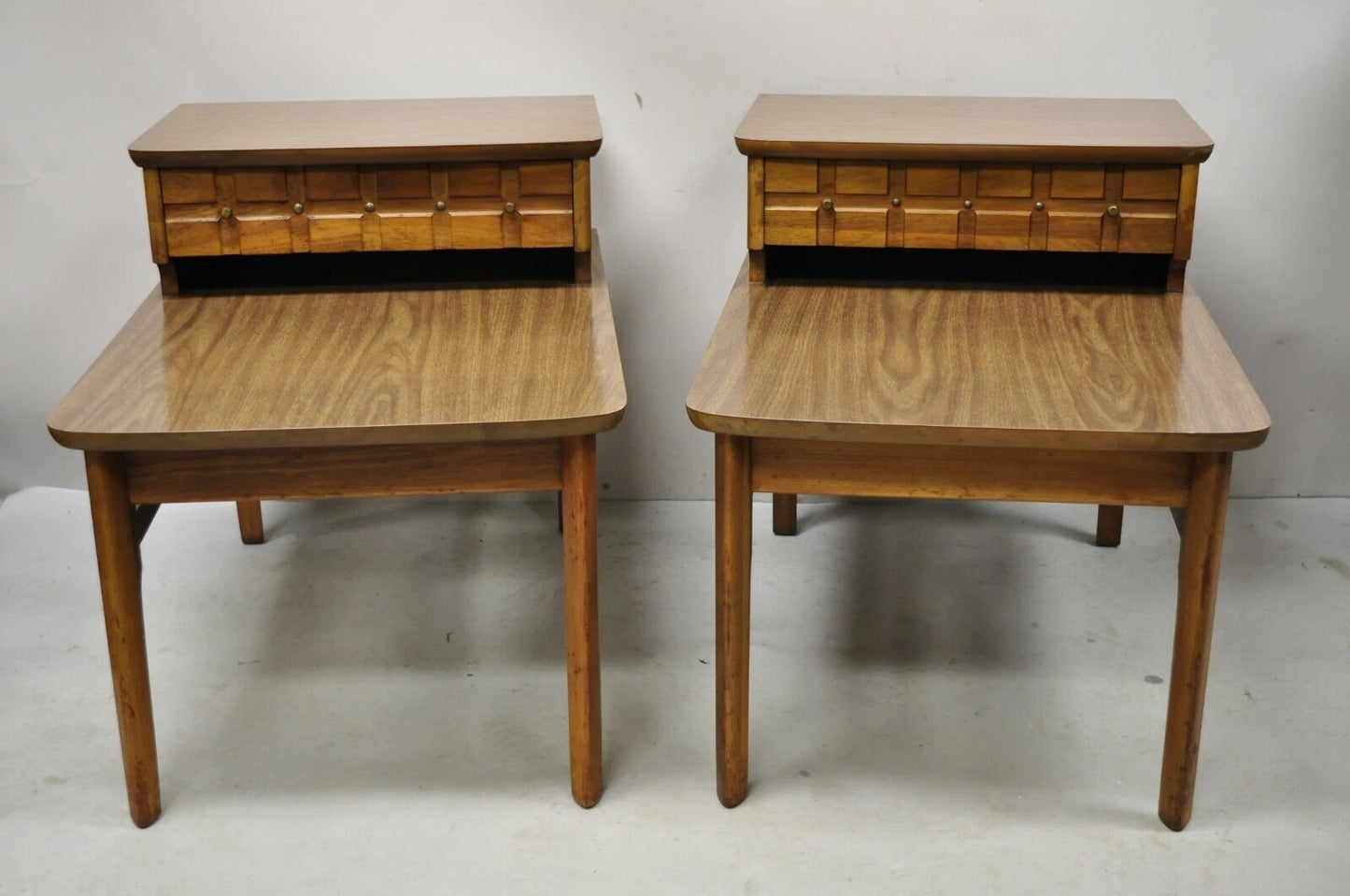 Mersman Mid Century Modern Walnut and Laminate Step Up Side End Tables - a Pair