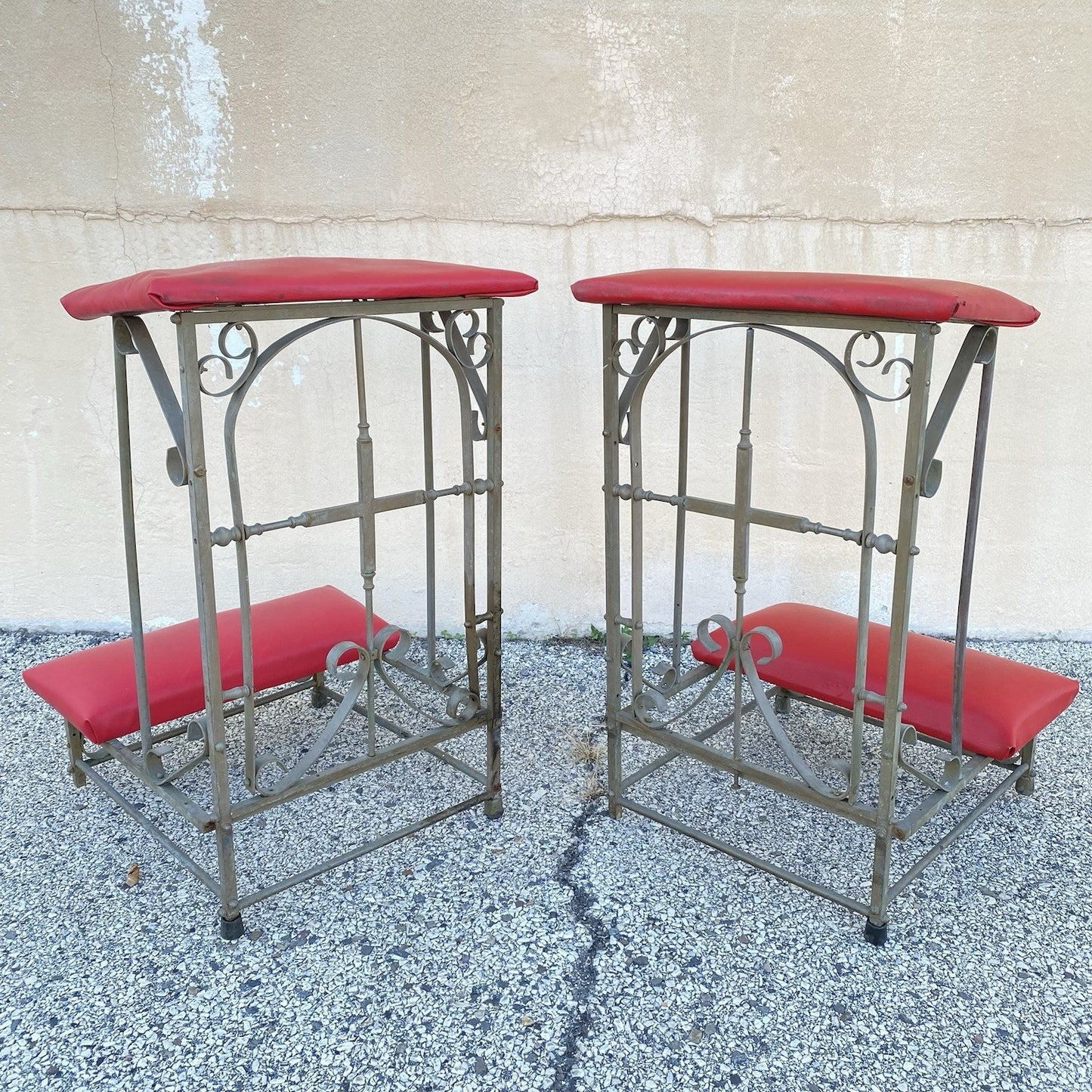 Antique Spanish Gothic Wrought Iron Kneeler Prie Dieu Prayer Benches - a Pair