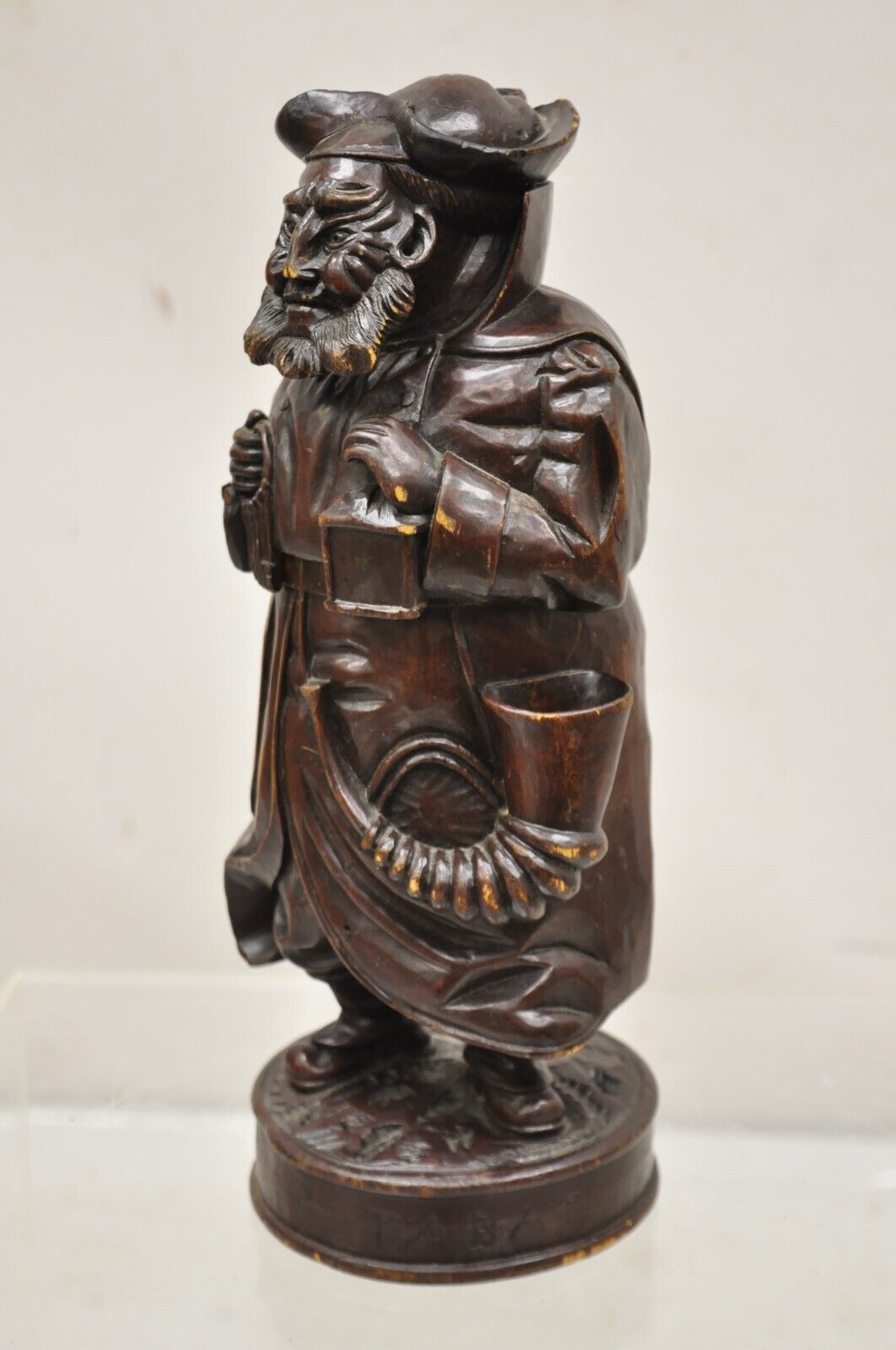 19th C. Black Forest Figural Wood Carved Night Watchman Lidded Tobacco Jar Box