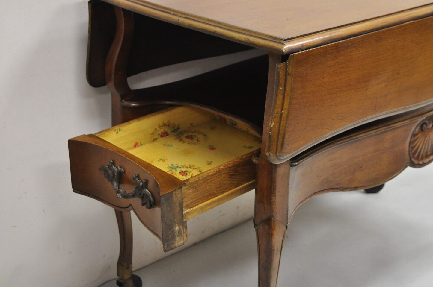 Vintage French Country Style Cherry Wood 2 Drawer Drop Leaf Rolling Serving Cart
