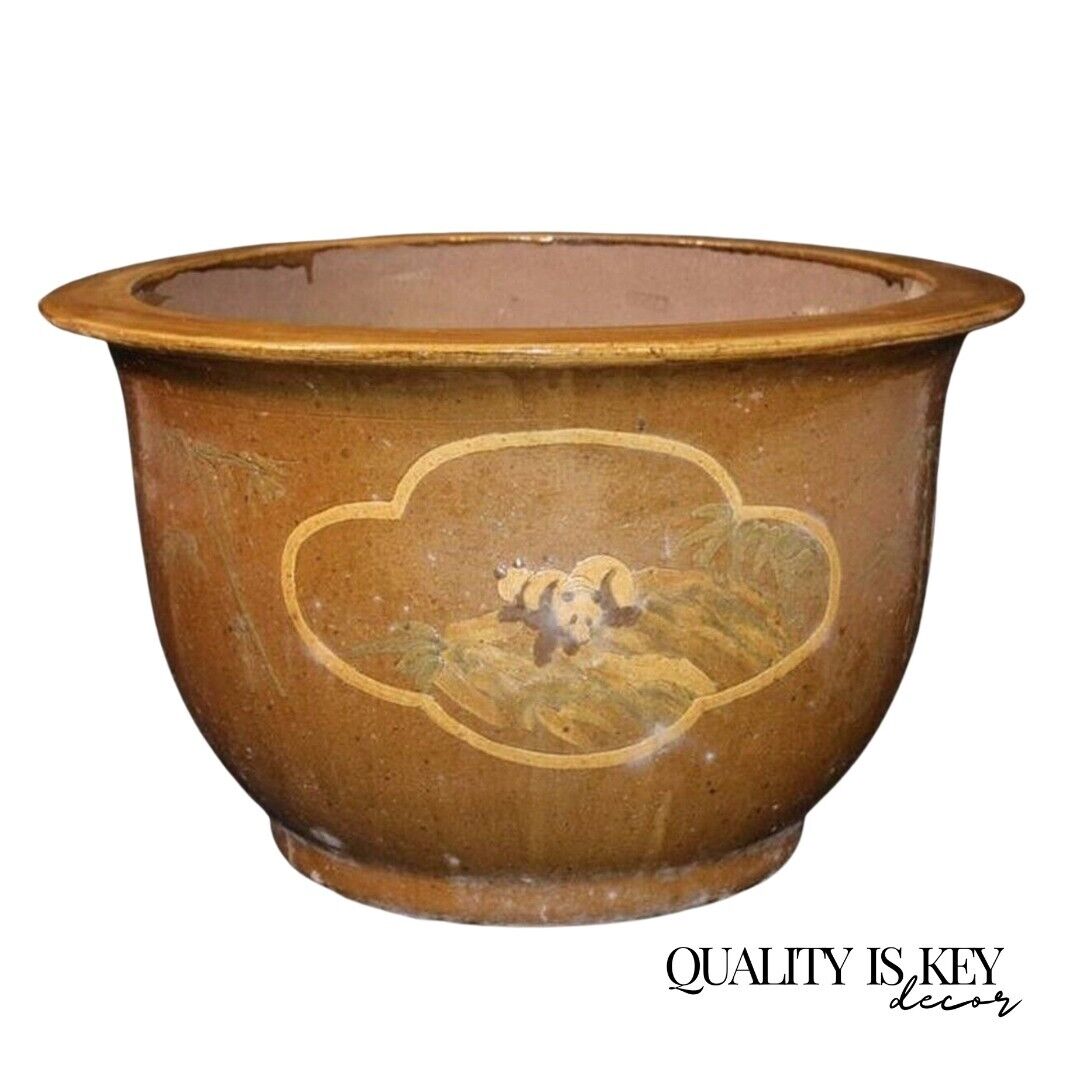 Chinese Chinoiserie Panda & Bamboo Pottery Jardiniere Garden Planter Flower Pot