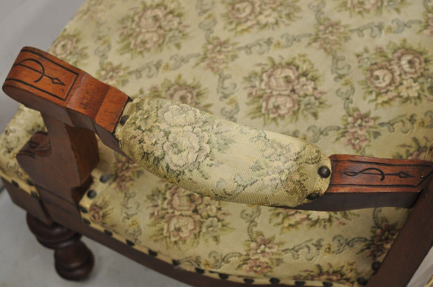 Antique Victorian Carved Walnut Tapestry Upholstered Parlor Lounge Arm Chair