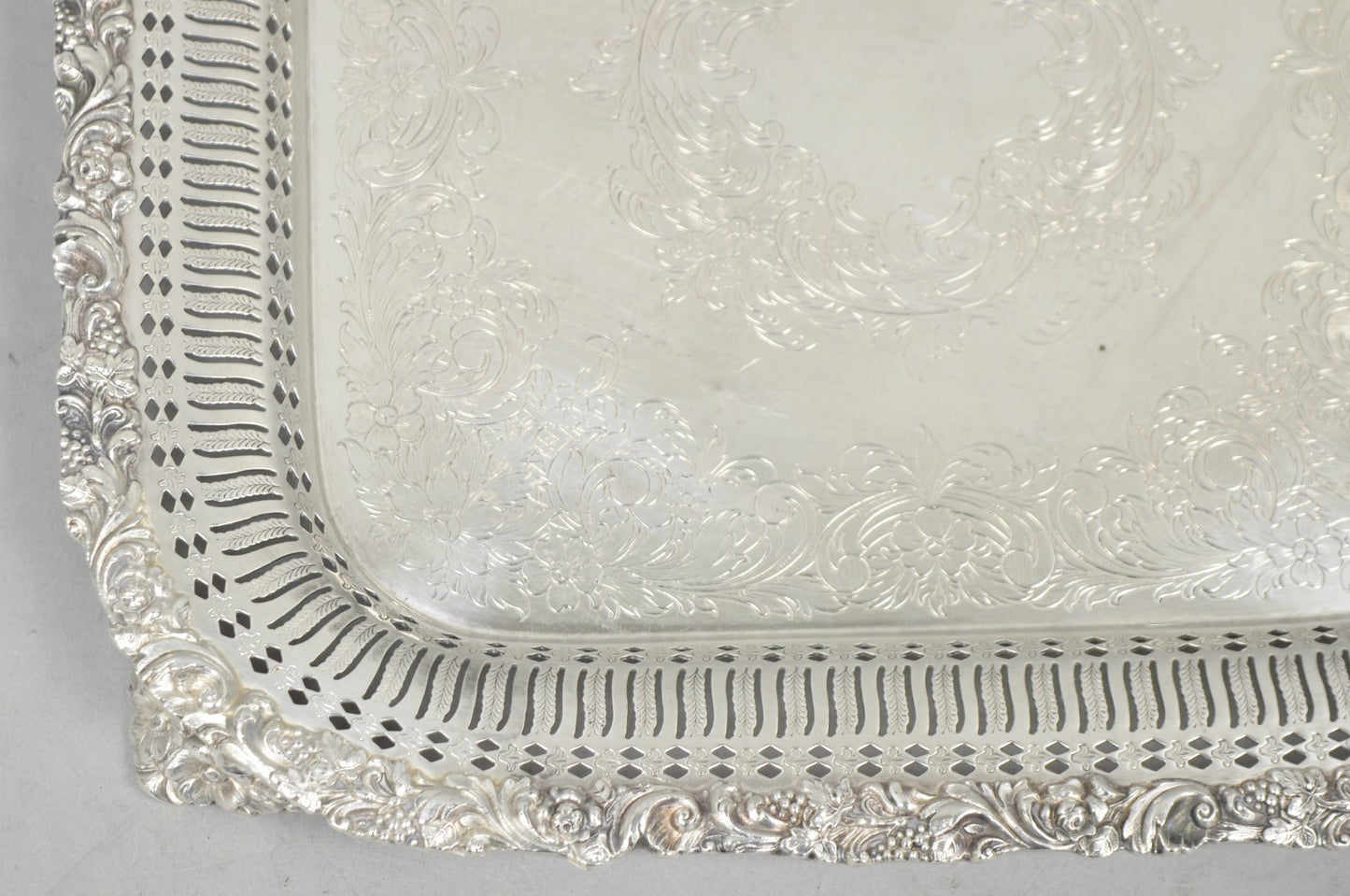 Vintage International Silver Victorian Repousse Pierced Gallery Square Bar Tray