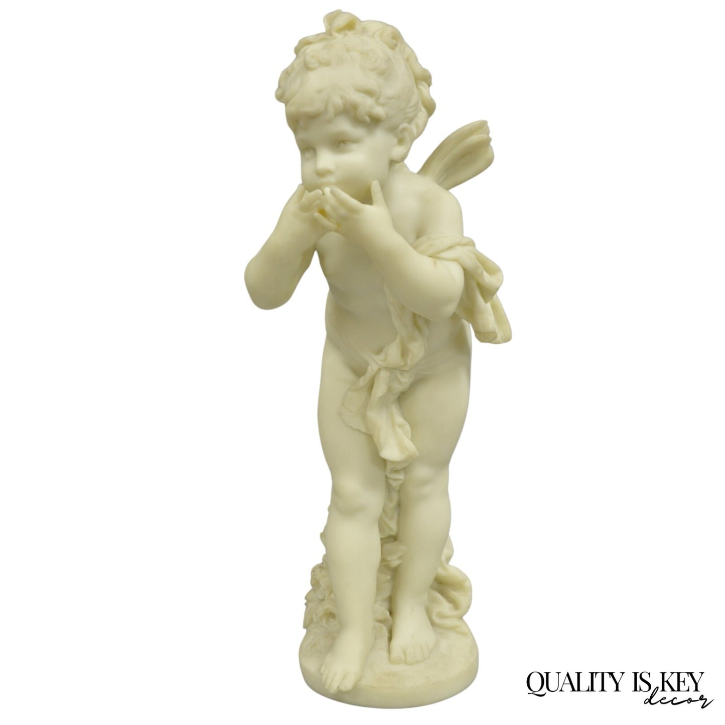 Vintage Neoclassical Faux Marble Cast Resin 25" Winged Cherub Putti Sculpture