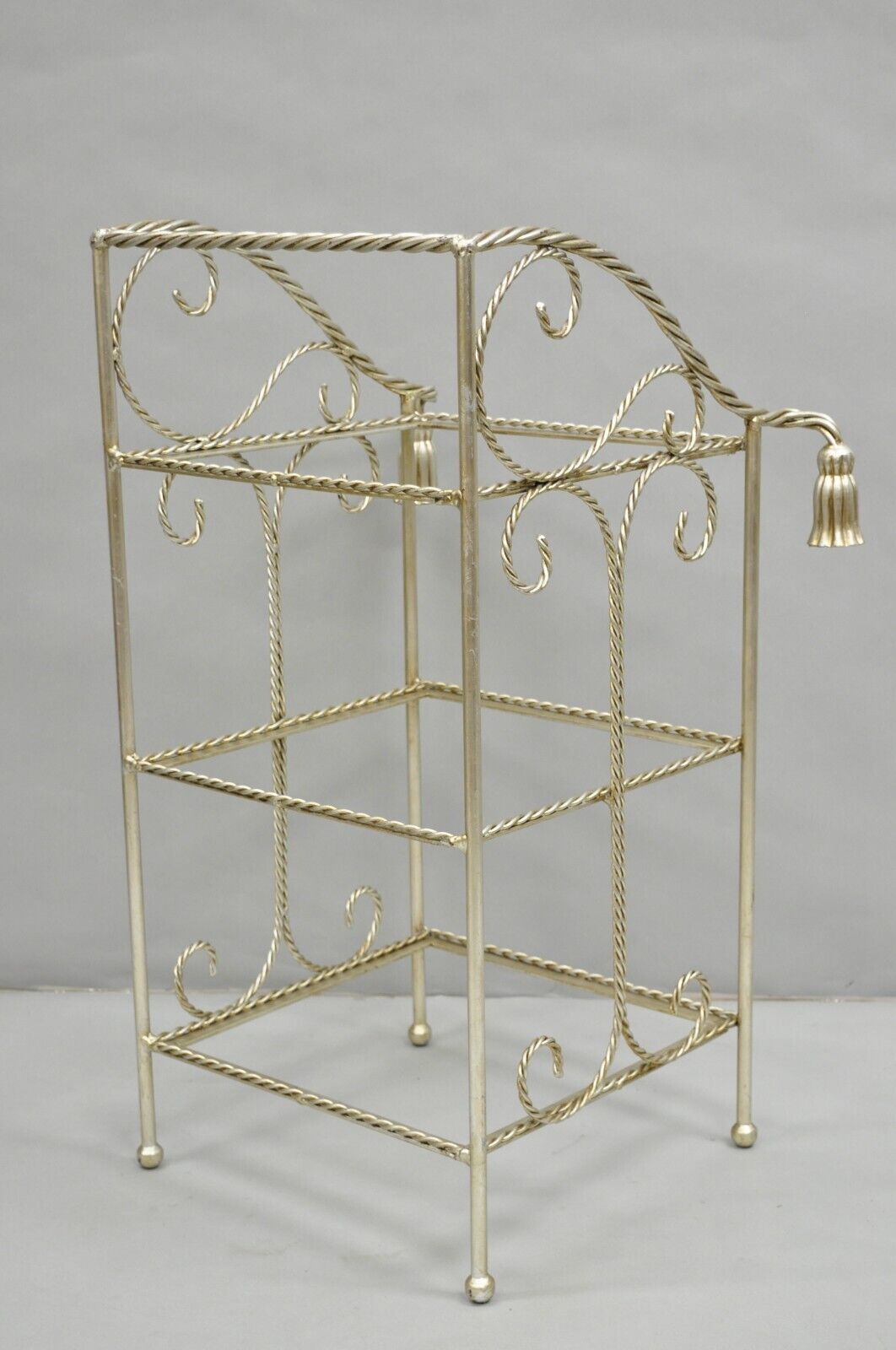 Italian Hollywood Regency Silver Iron Tassel 3 Tier Etagere Towel Rack Stand
