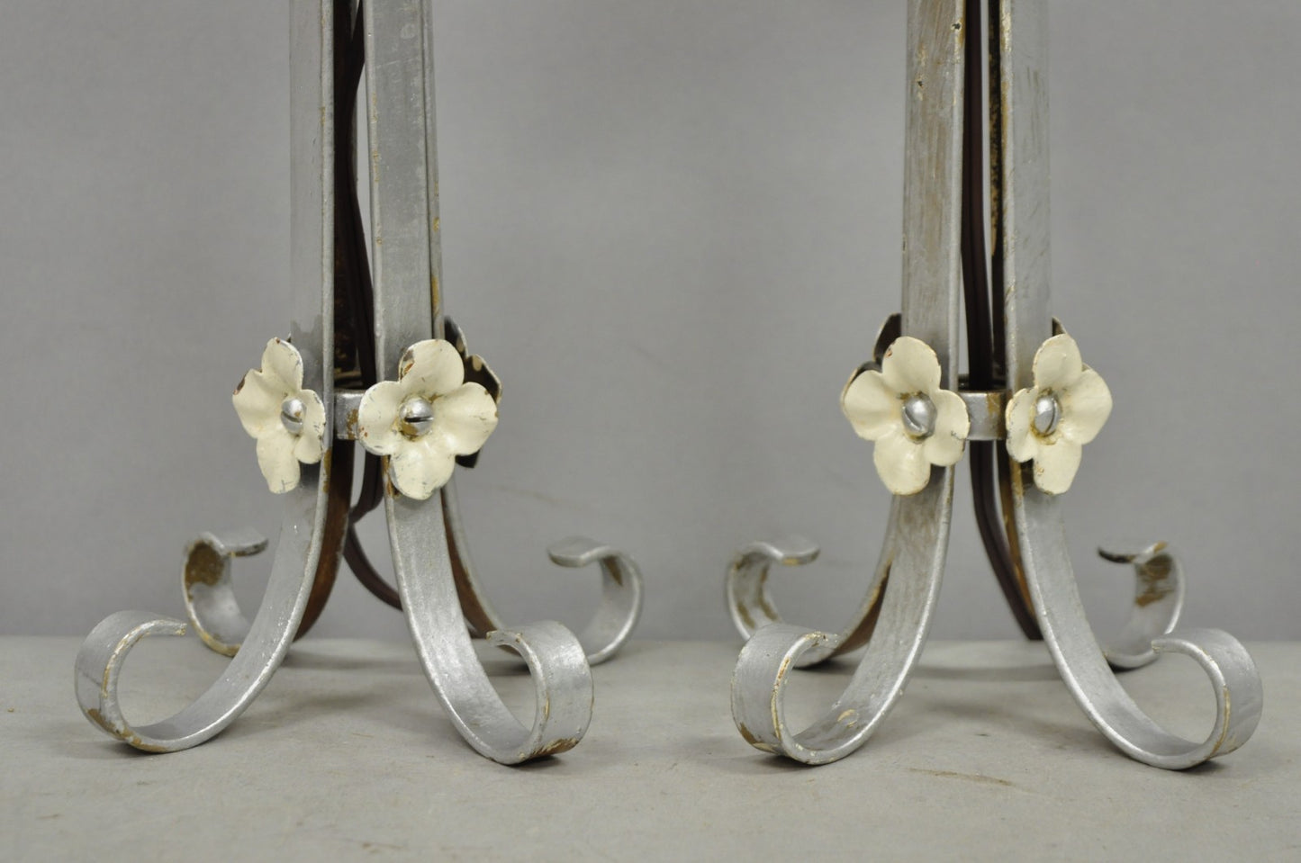 Antique Art Nouveau Wrought Iron Silver Painted Petite Boudoir Table Lamps, Pair
