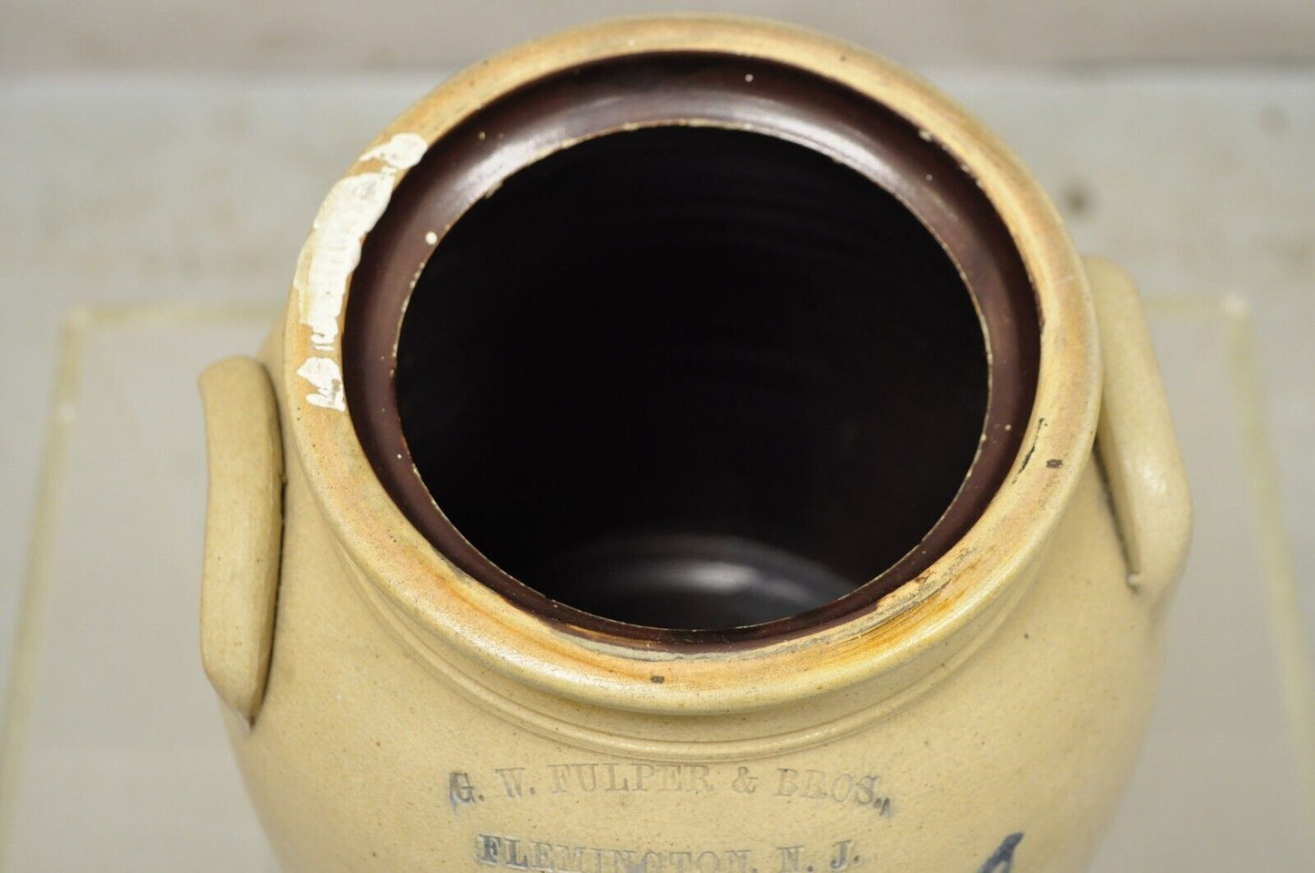 Antique G.W. Fulper & Bros Stoneware Two Gallon Crock with Cobalt Blue Bird