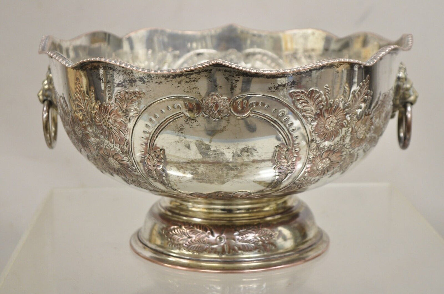Antique English Regency Victorian Floral Repousse Lion Punch Bowl Ice Bucket