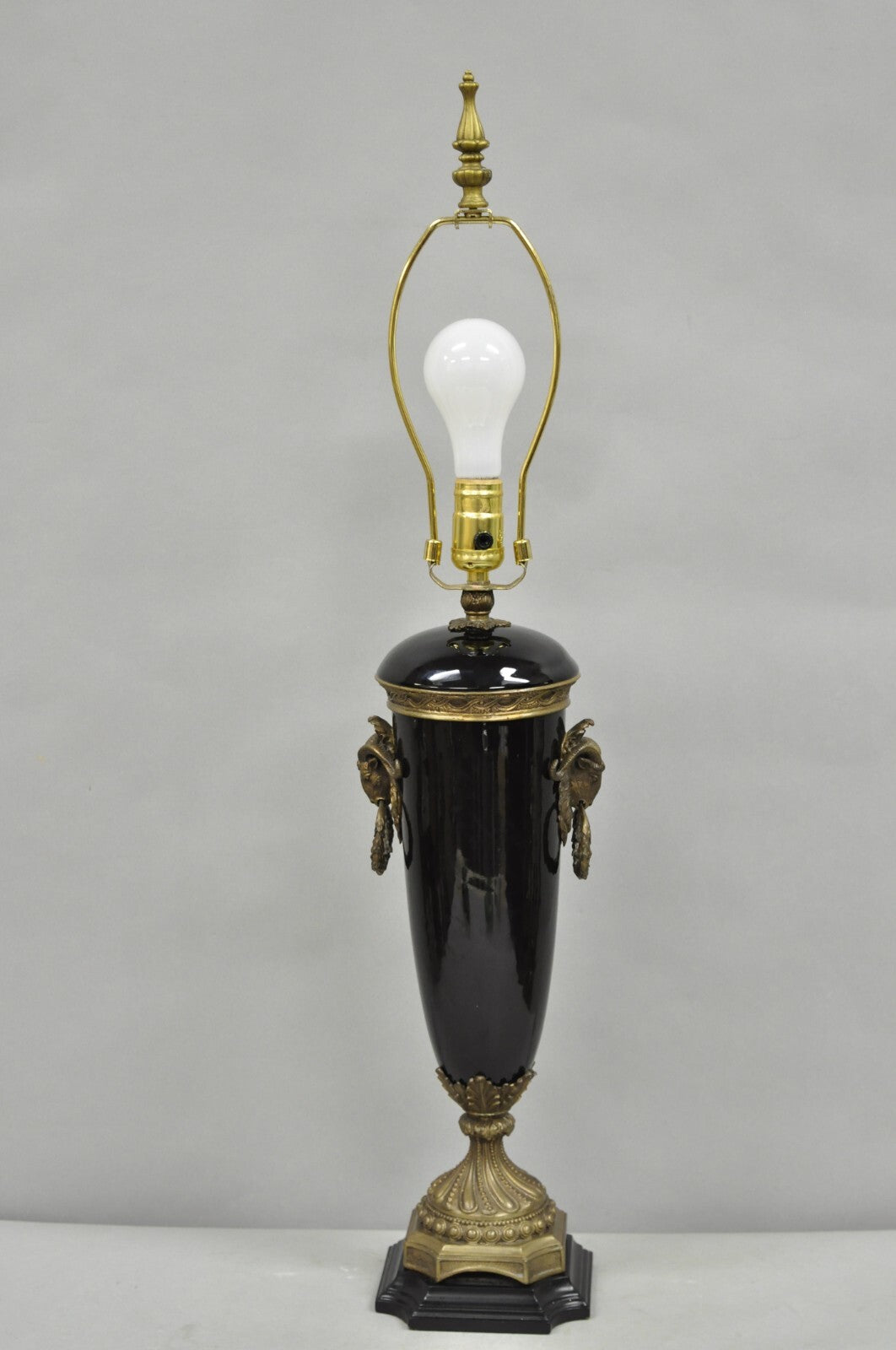 Vintage French Neoclassical Black Porcelain Urn Form Table Lamp w/Bronze Rams