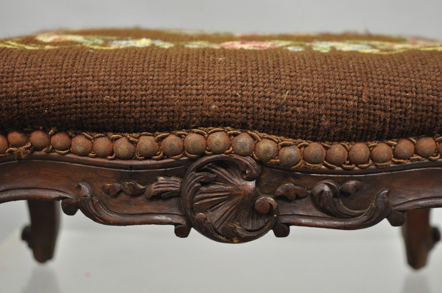 French Country Louis XV Carved Walnut Needlepoint Petite Footstool Ottoman