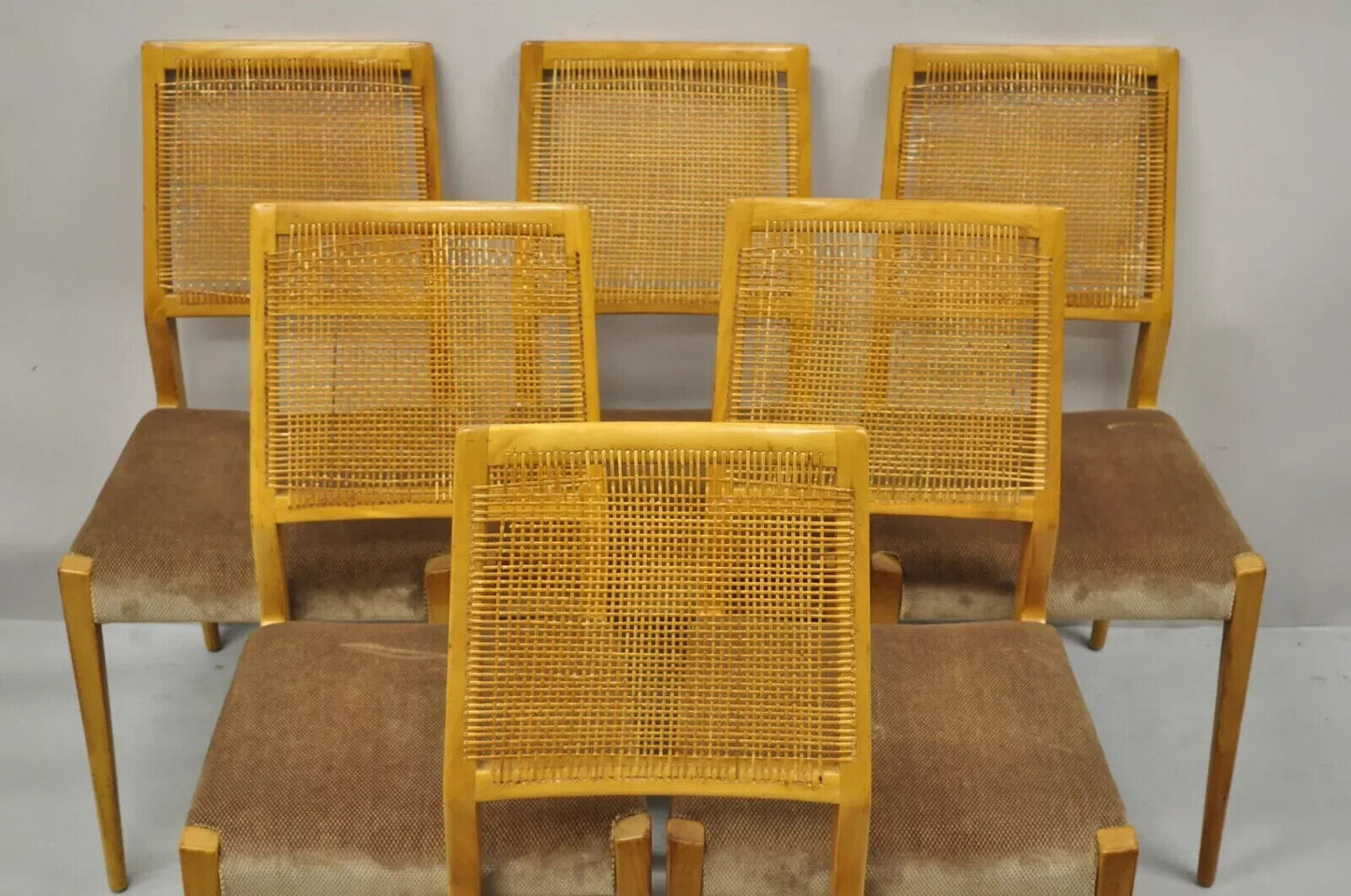 Vintage Mid Century Danish Modern Birch Wood Cane Back Dining Chairs - Set of 6