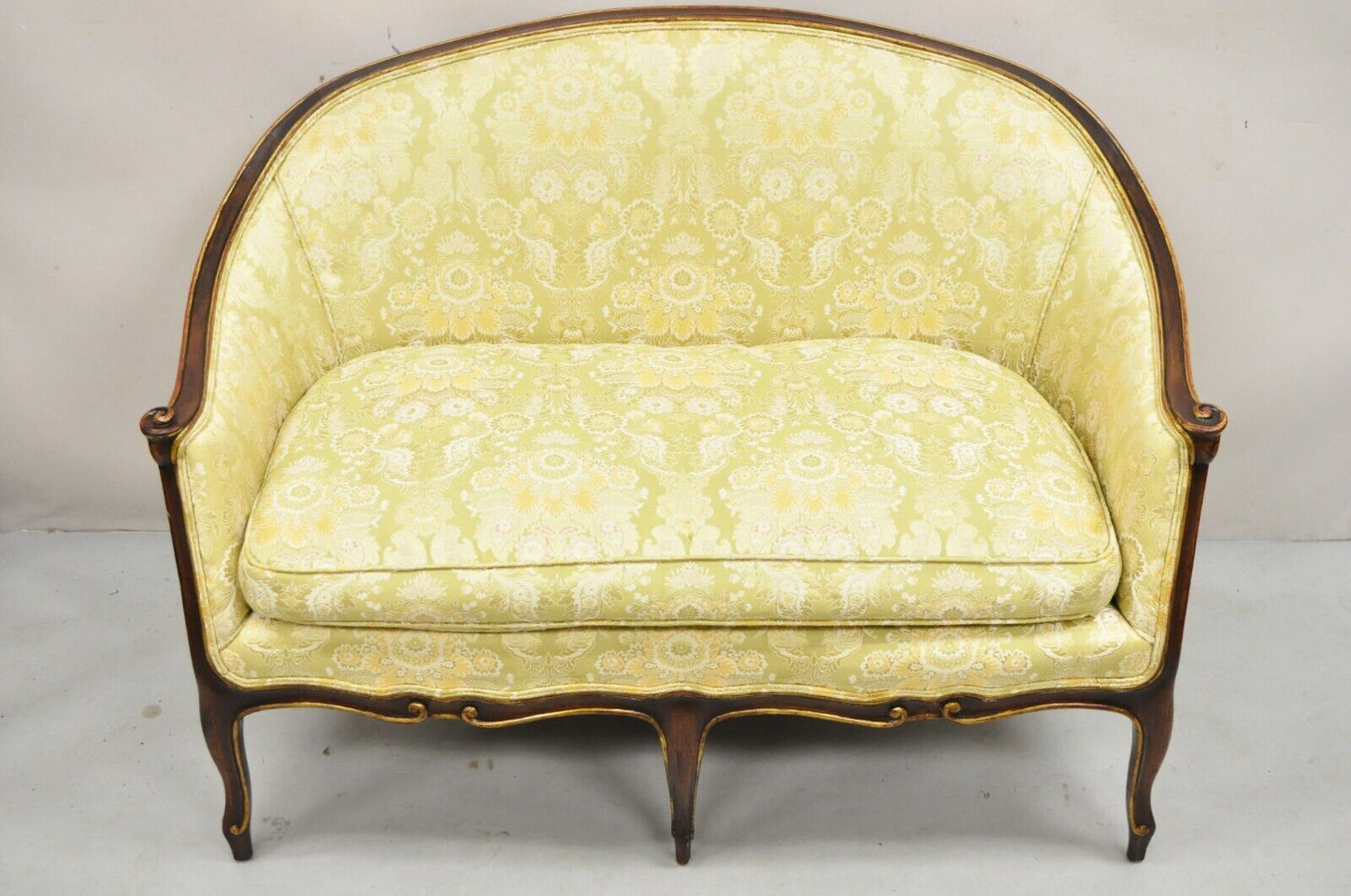 Vintage French Hollywood Regency Barrel Back Upholstered Loveseat Settee Sofa