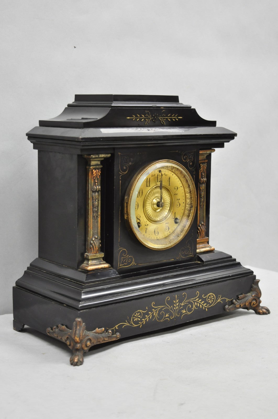 Antique Ansonia Black Mantel Clock with Bronze Coated Columns and Claw Feet