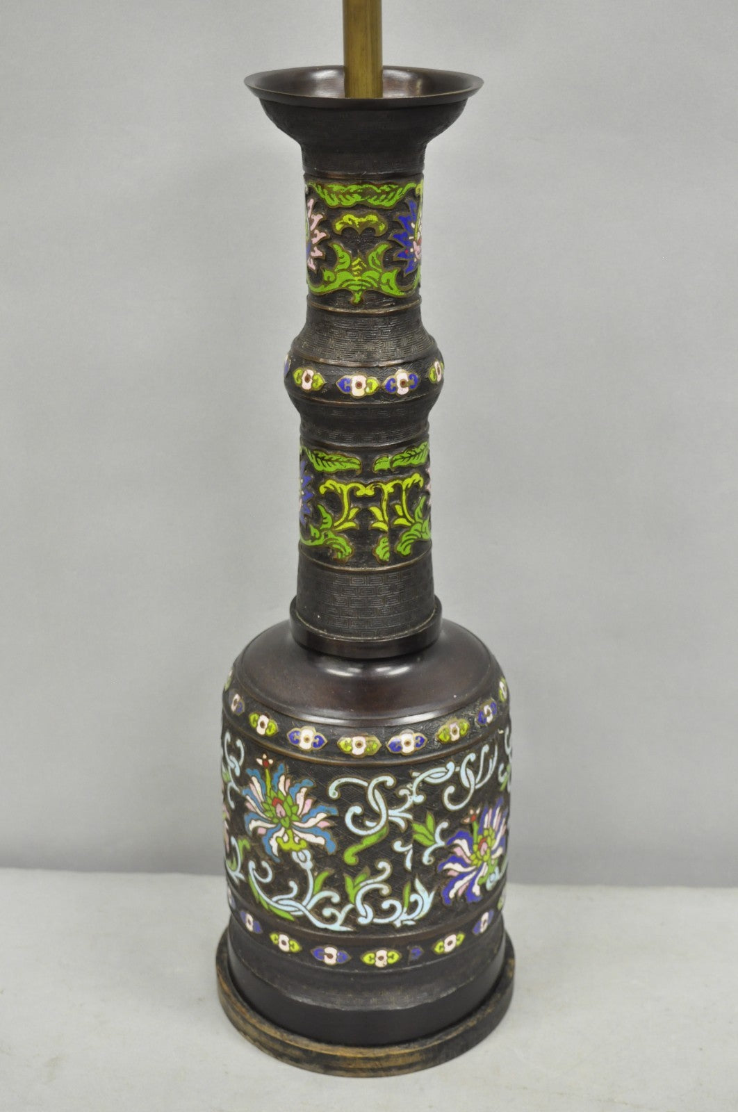 Antique Chinese Bronze Cloisonne Enameled Champleve Chinoiserie Table Lamp