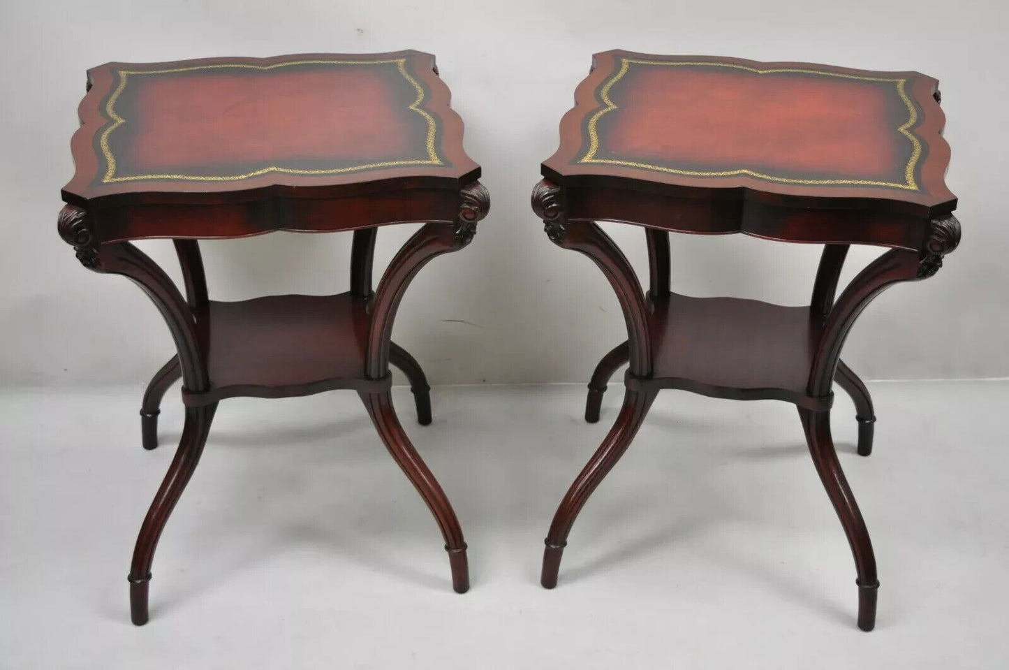 Vintage French Regency Style Red Leather Top Mahogany Lamp End Tables - a Pair