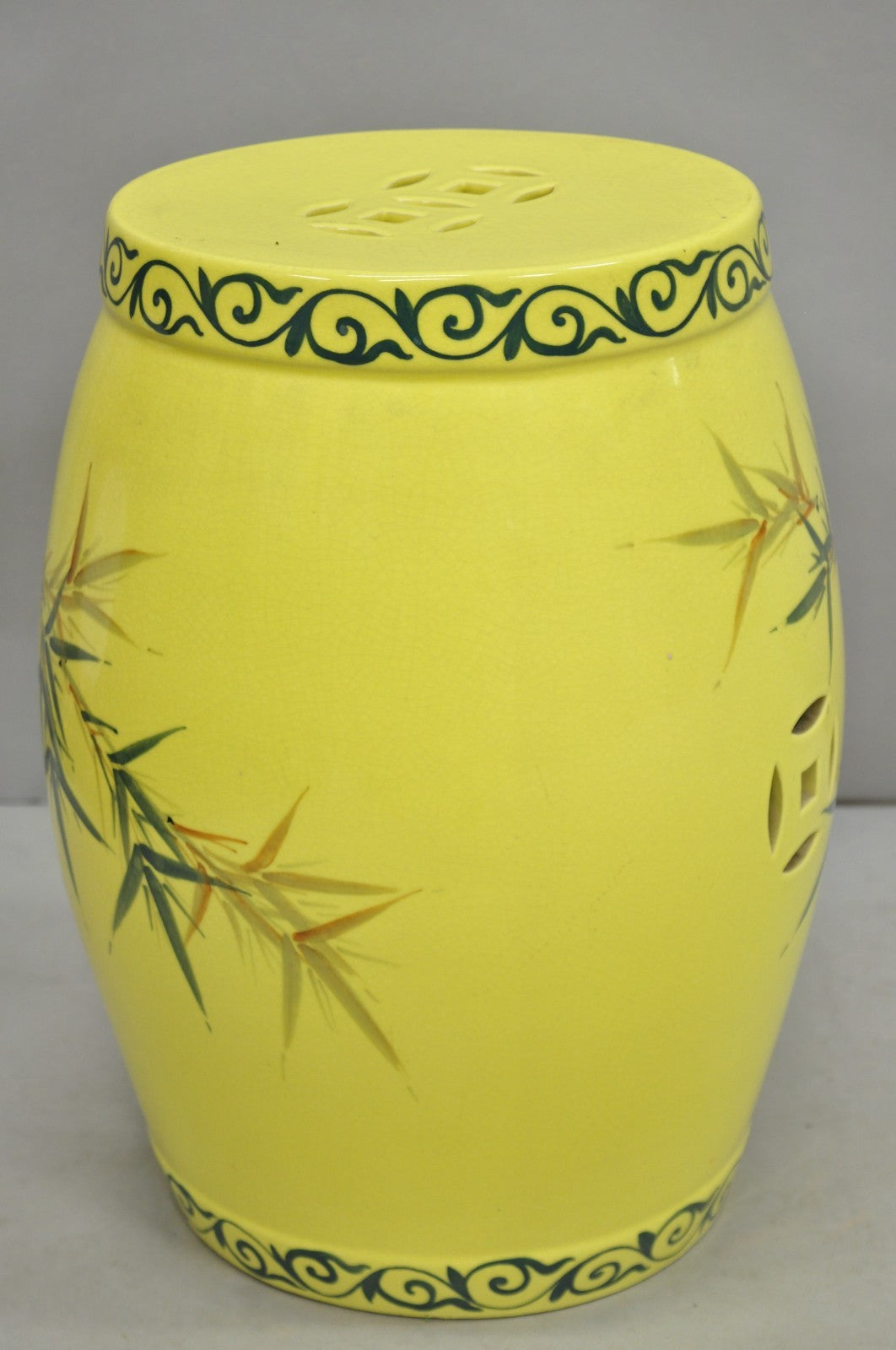 Vintage Chinese Chinoiserie Yellow Porcelain Ceramic Garden Seat w Painted Birds