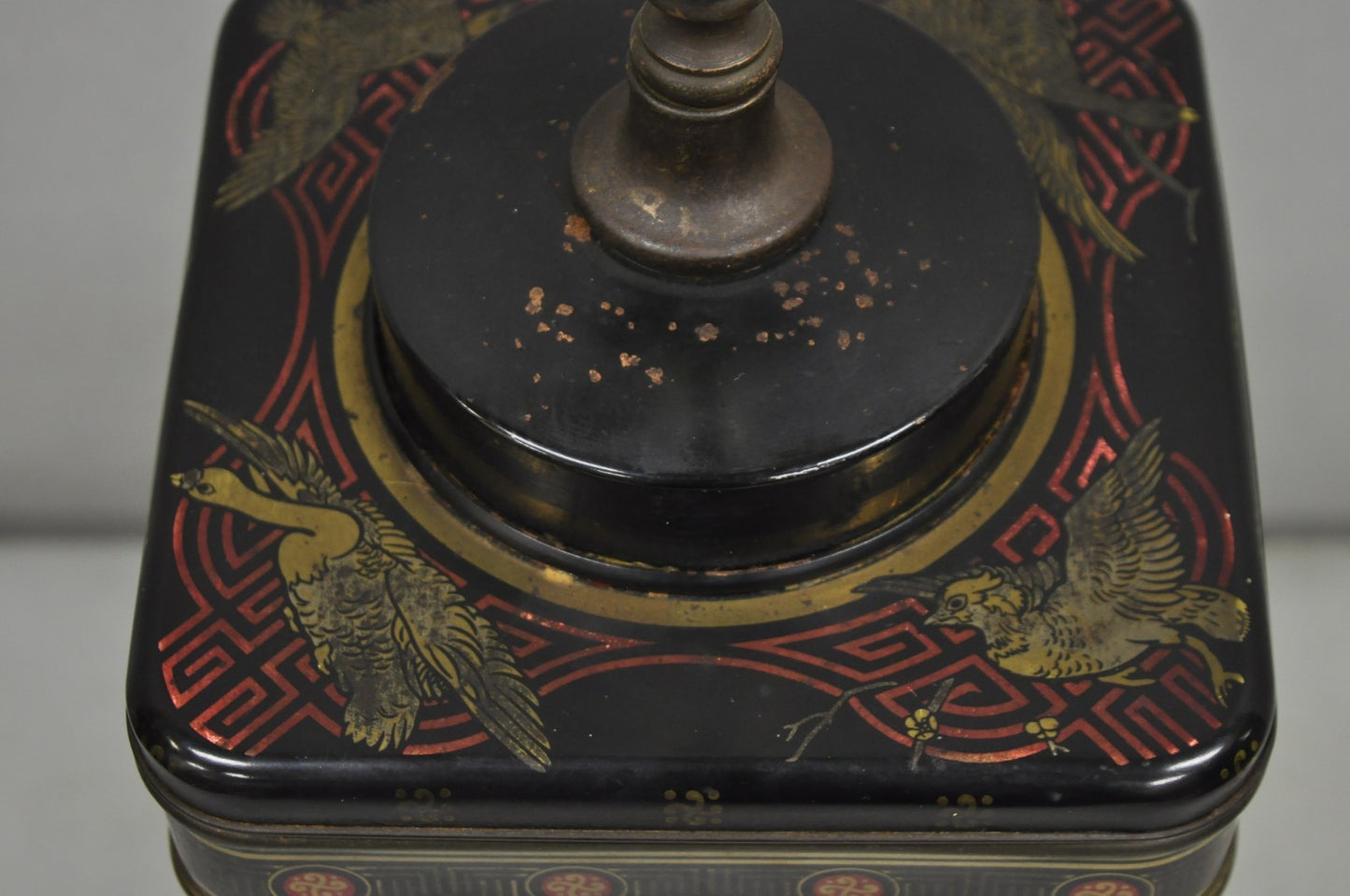 Vintage Chinoiserie English Tole Metal Tea Canister Chinese Painted Table Lamp