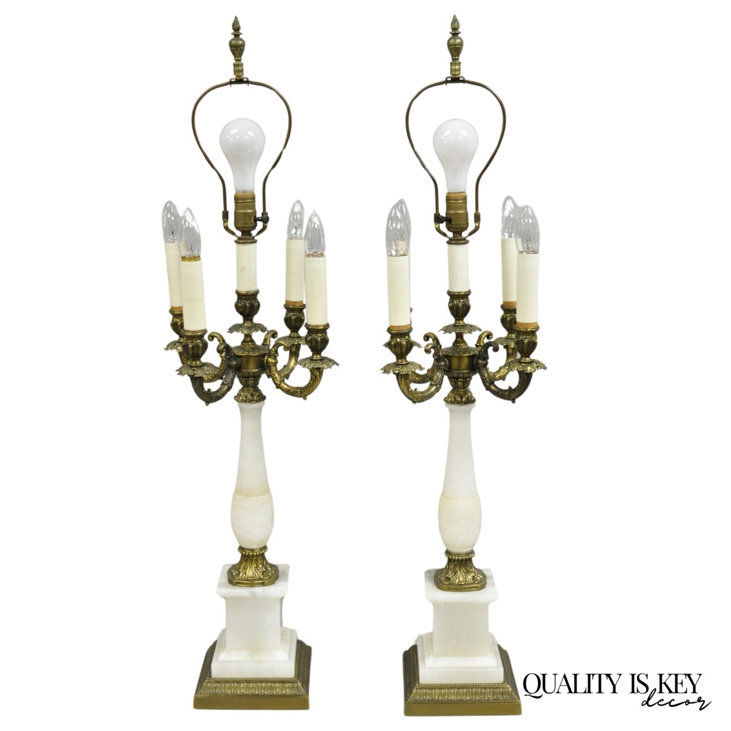 Vintage French Empire Alabaster Column Brass Metal Candelabra Table Lamps - Pair