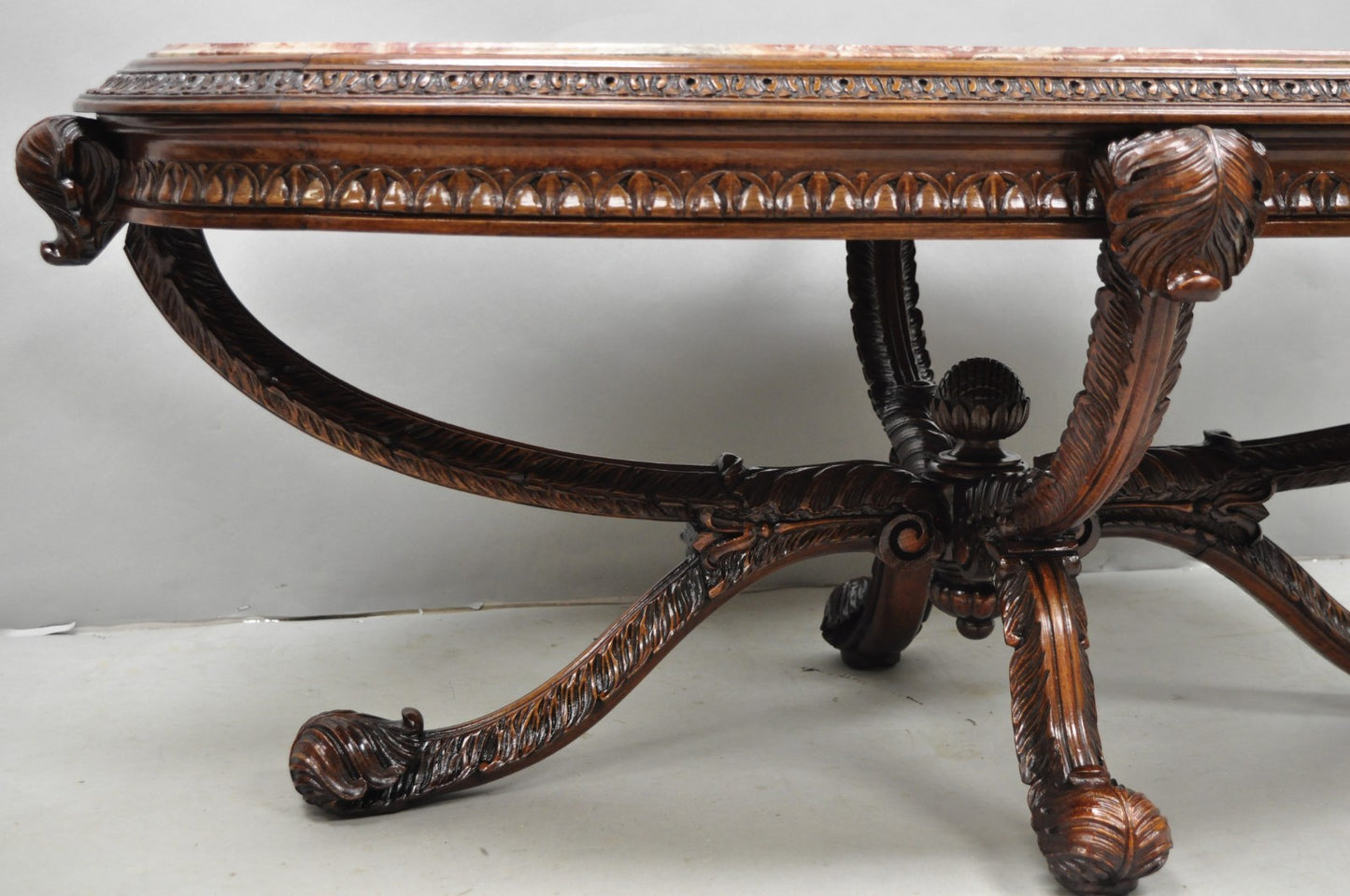 Antique Grosfeld House French Regency Plume Carved Mahogany Marble Coffee Table