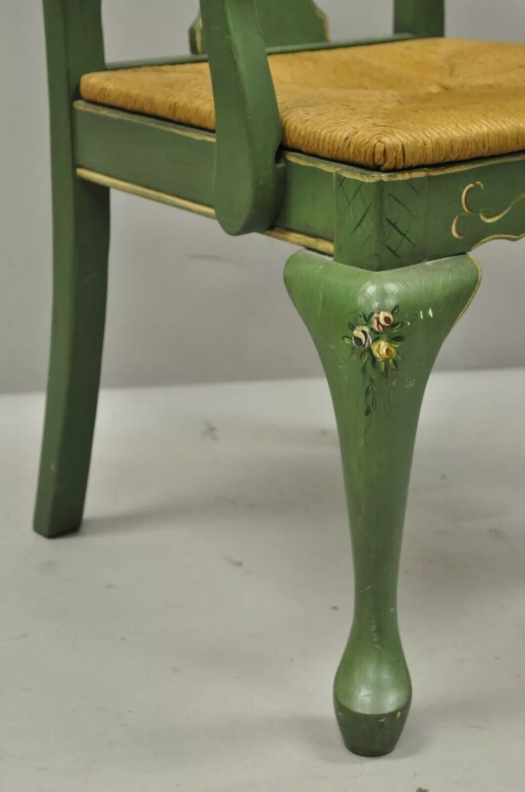 Vintage Queen Anne Style Green and Red Painted Rush Seat Arm Chairs - a Pair