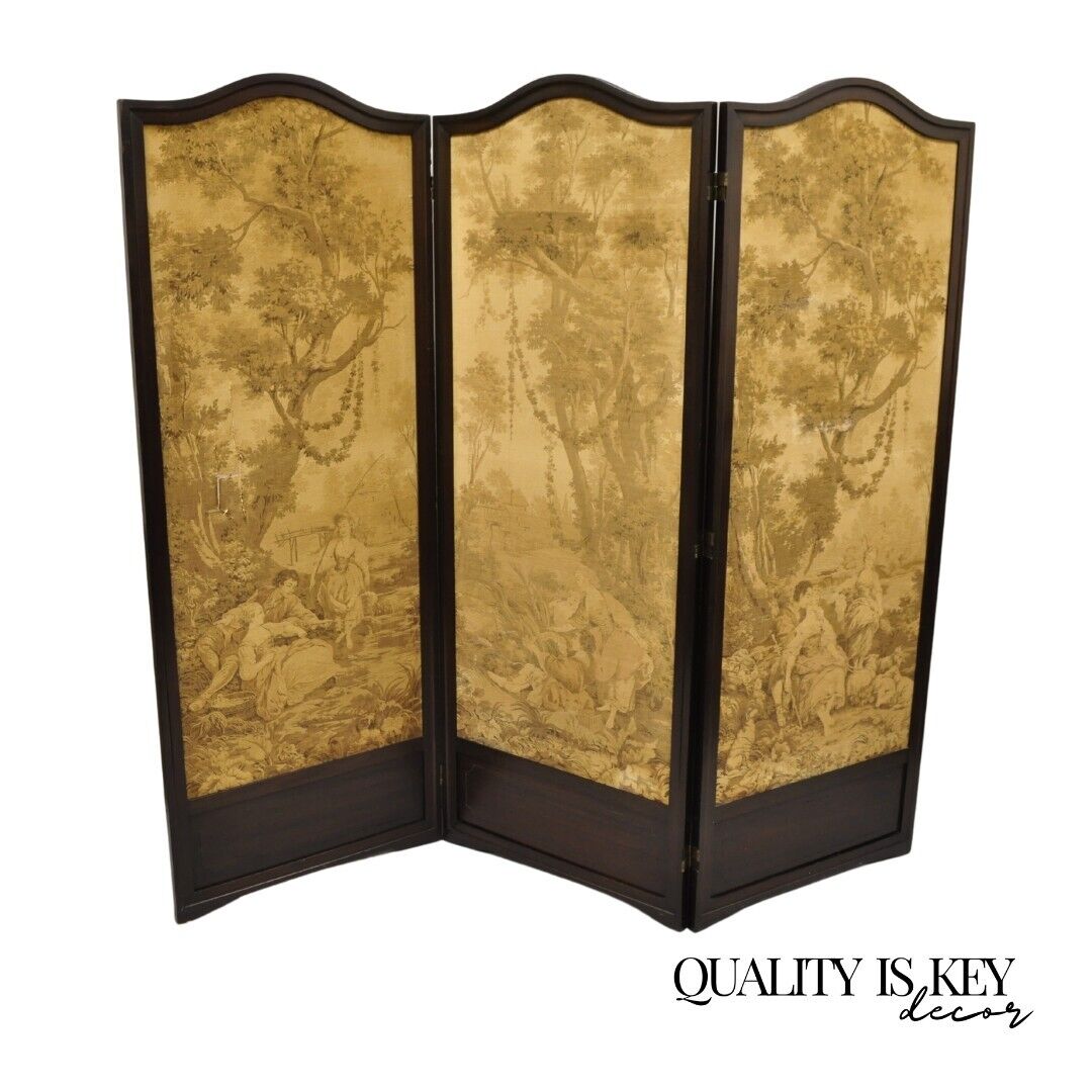 Antique Victorian French Tapestry Mahogany Frame 3 Panel Screen Room Divider