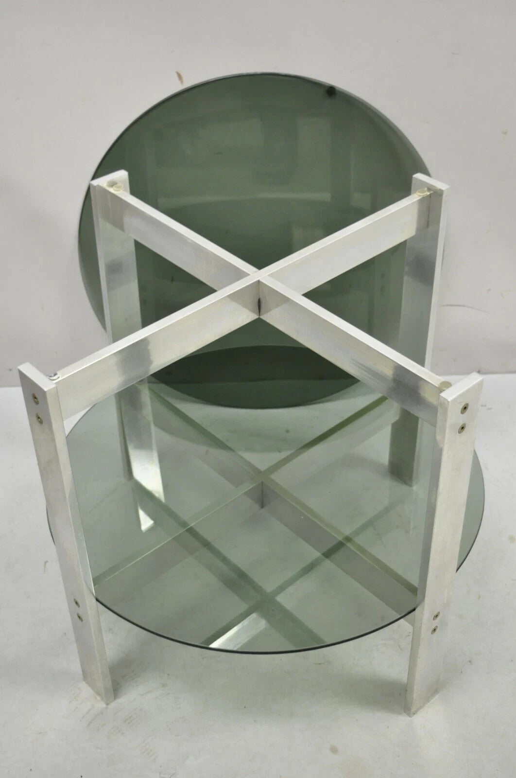 Vintage Mid Century Modern Round Smoked Glass 2 Tier Aluminum Base Side Table