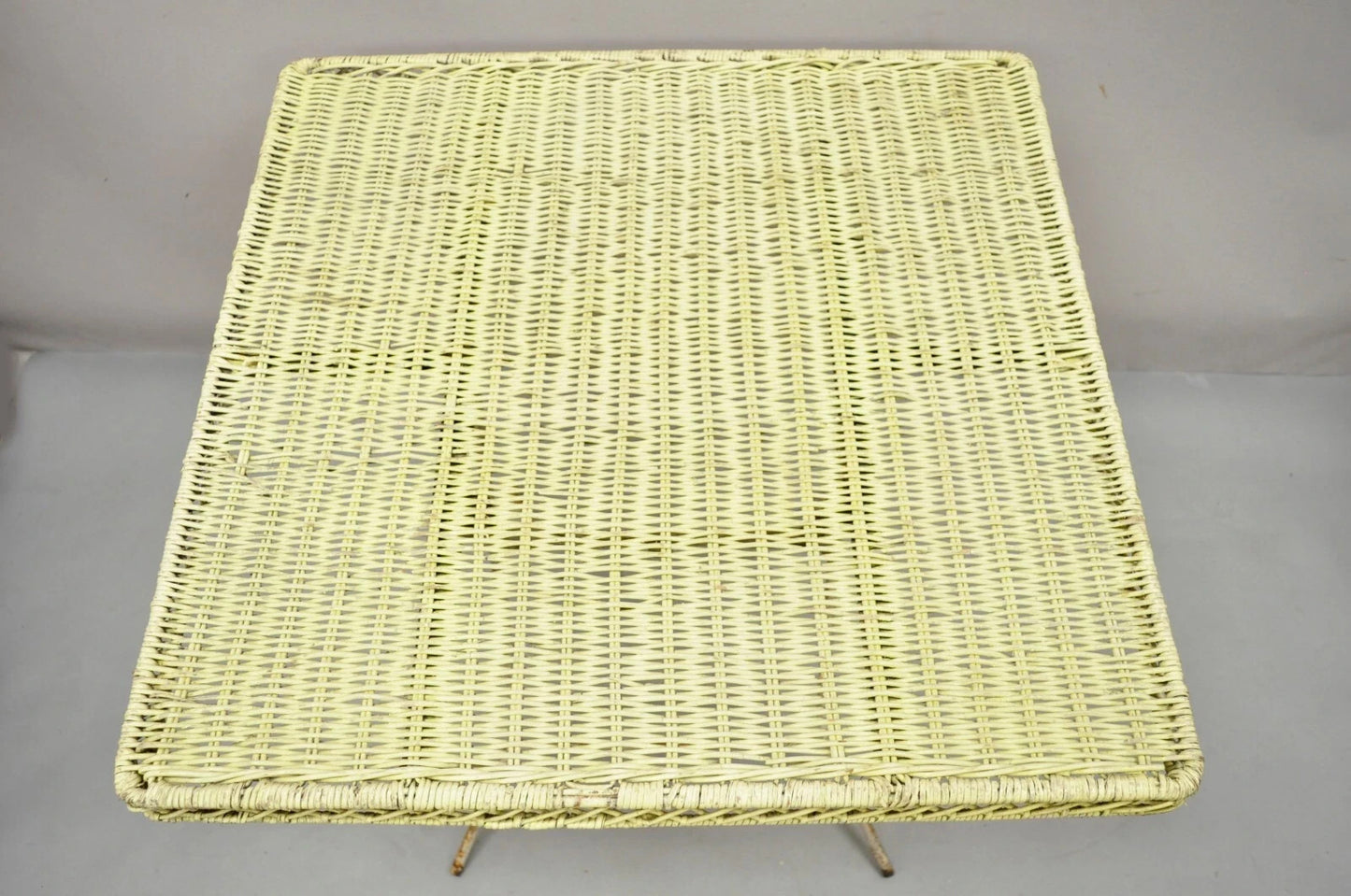 Vintage Victorian Style Wrought Iron Wicker Rattan Top Folding Card Game Table
