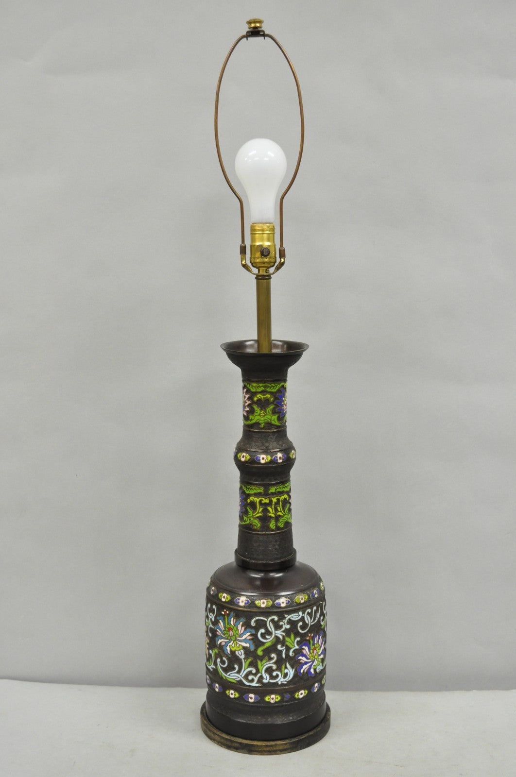Antique Chinese Bronze Cloisonne Enameled Champleve Chinoiserie Table Lamp