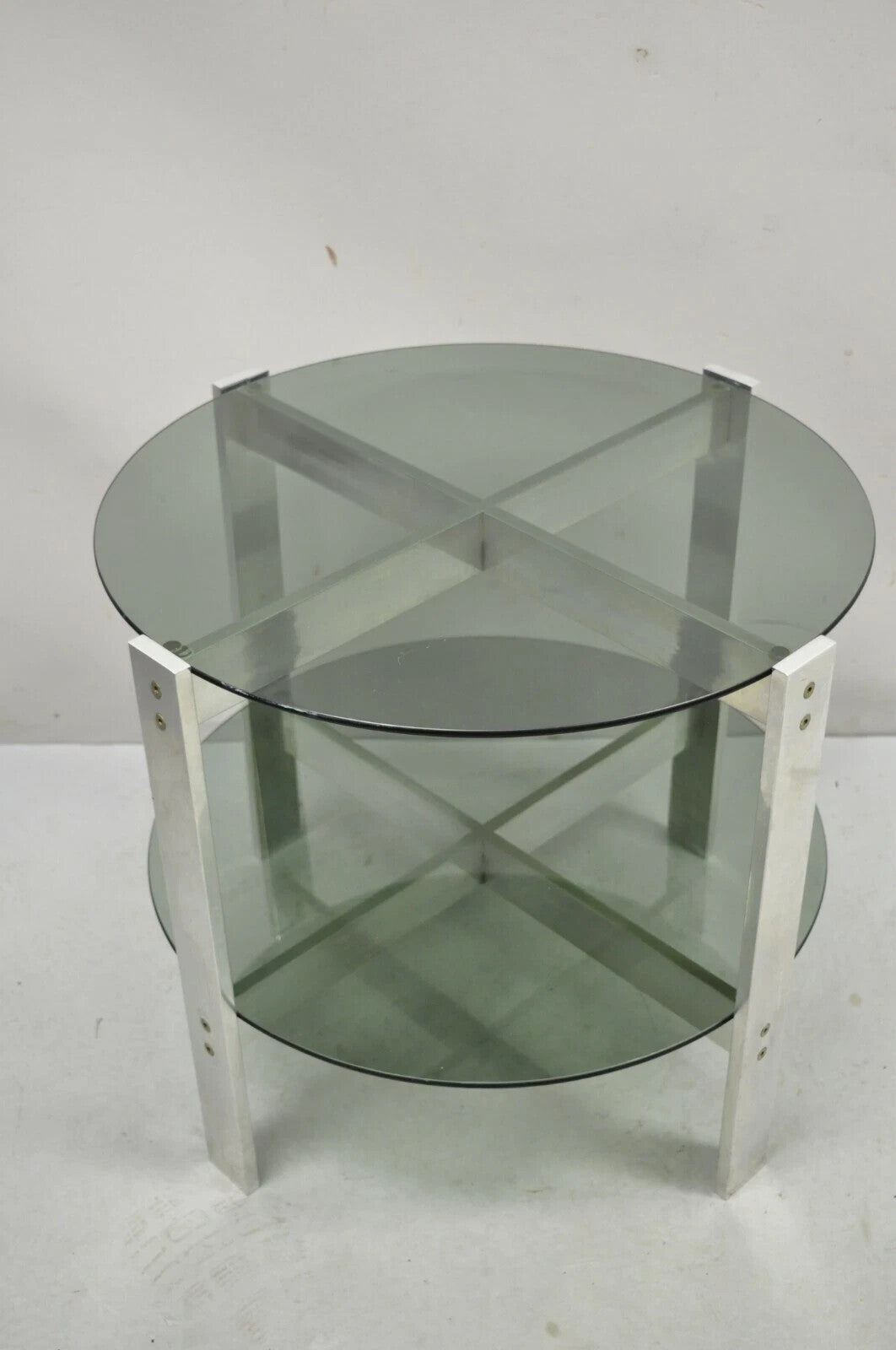 Vintage Mid Century Modern Round Smoked Glass 2 Tier Aluminum Base Side Table