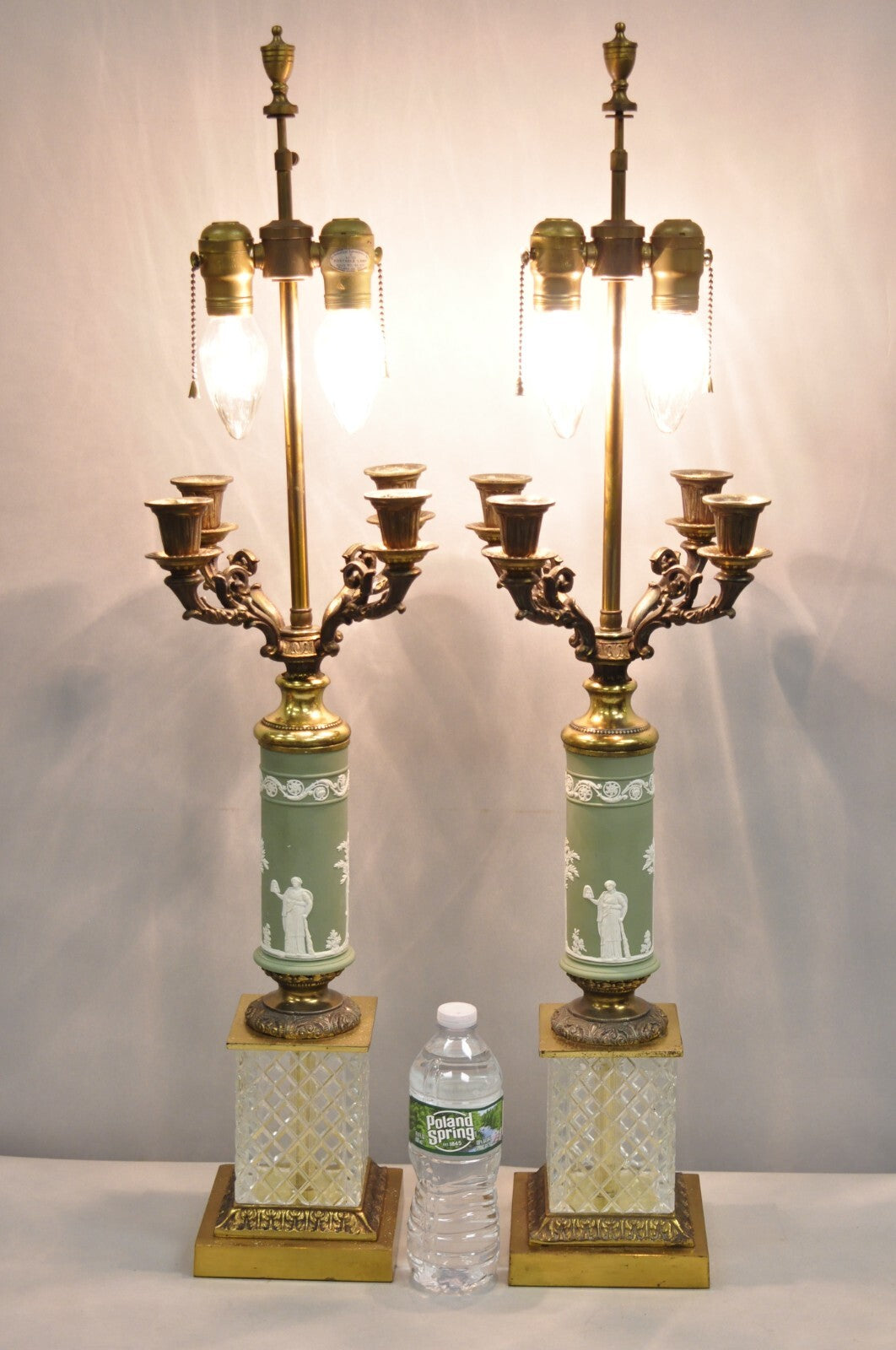 Vintage French Neoclassical Green Jasperware Candelabra Table Lamps - a Pair